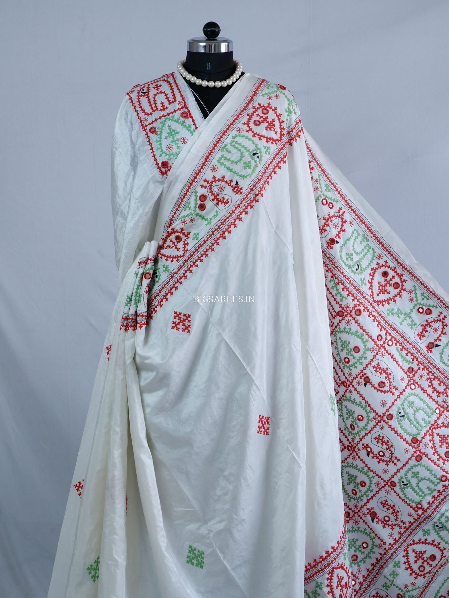 Kutchi/Gujarati Stitch Hand Embroidered Saree | Art Silk | Real Mirror Work | White