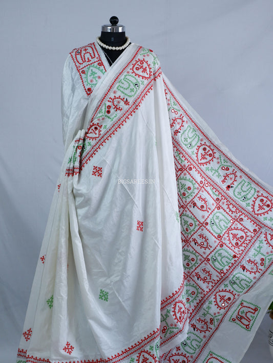 Kutchi/Gujarati Stitch Hand Embroidered Saree | Art Silk | Real Mirror Work | White
