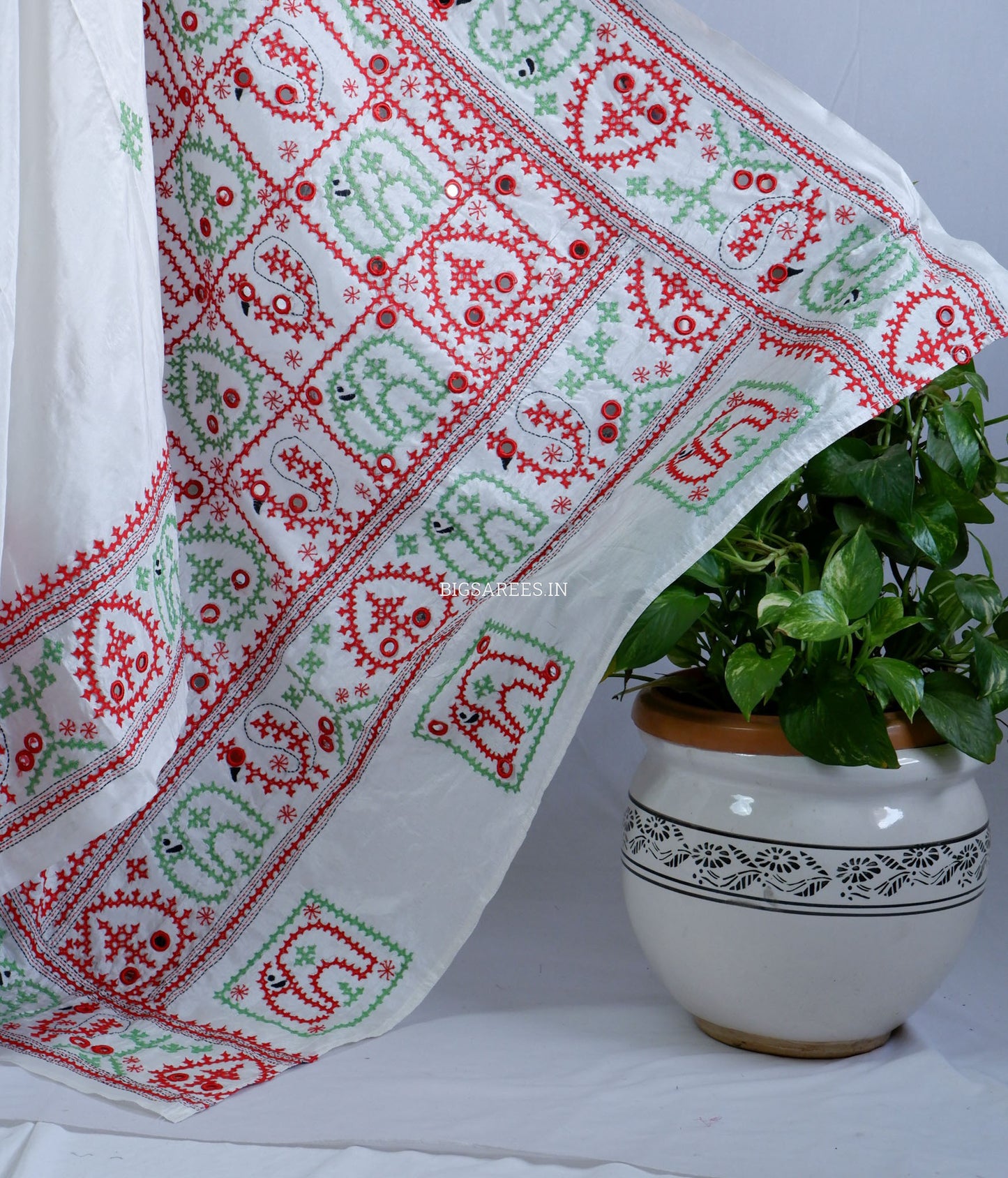 Kutchi/Gujarati Stitch Hand Embroidered Saree | Art Silk | Real Mirror Work | White