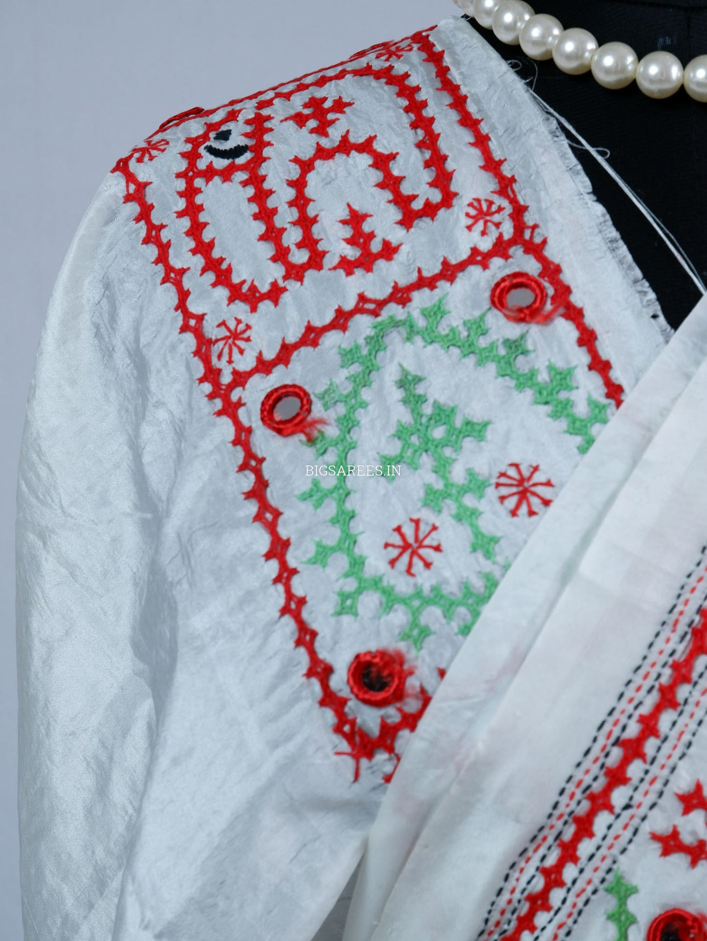 Kutchi/Gujarati Stitch Hand Embroidered Saree | Art Silk | Real Mirror Work | White