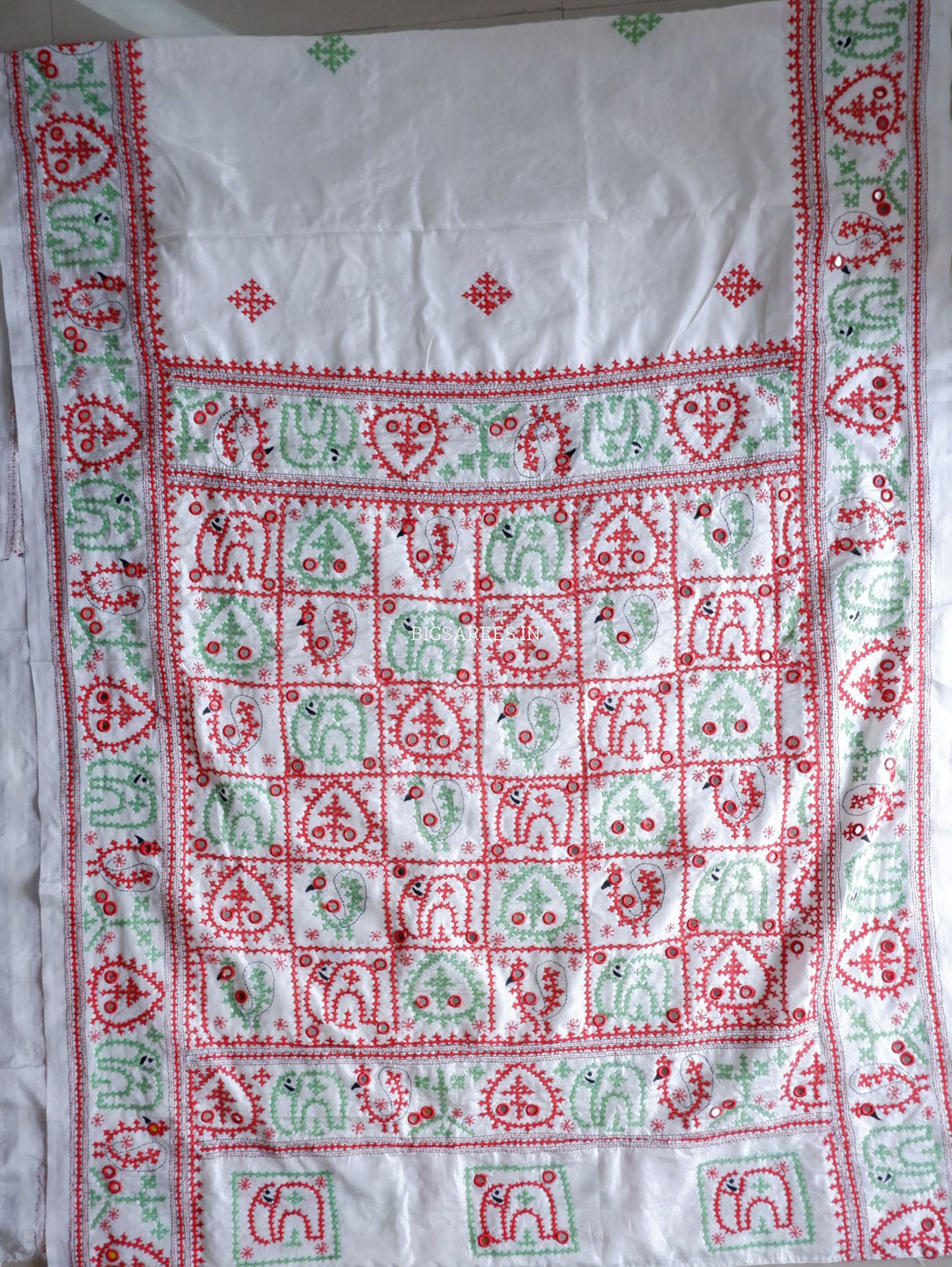 Kutchi/Gujarati Stitch Hand Embroidered Saree | Art Silk | Real Mirror Work | White