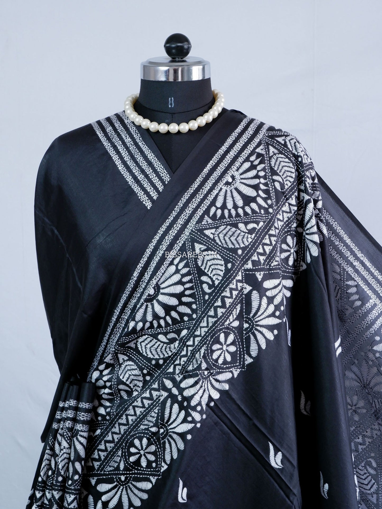 Kantha Stitch Hand Embroidered Saree | Blended Bangalore Silk / Art Silk | Black