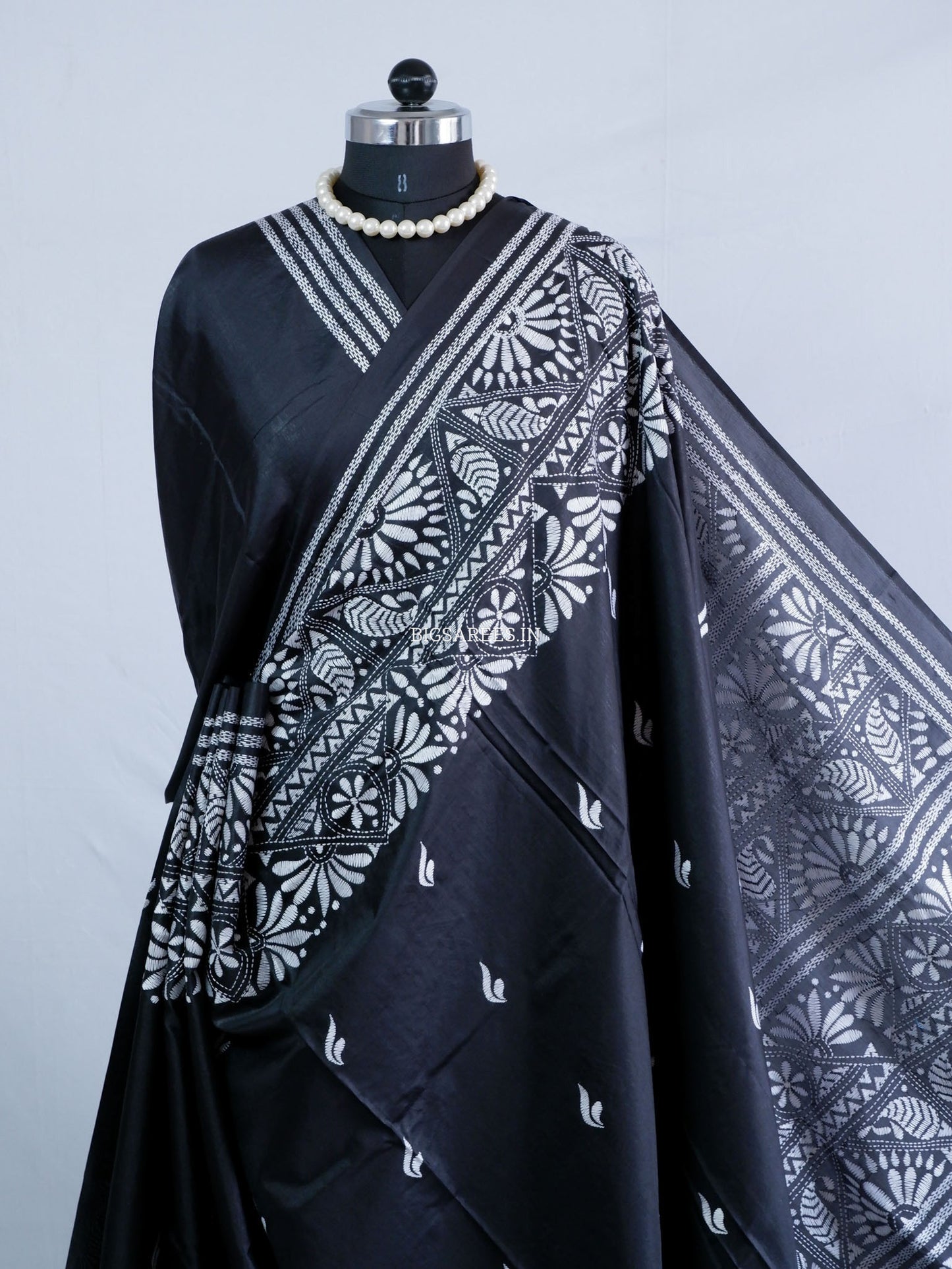 Kantha Stitch Hand Embroidered Saree | Blended Bangalore Silk / Art Silk | Black