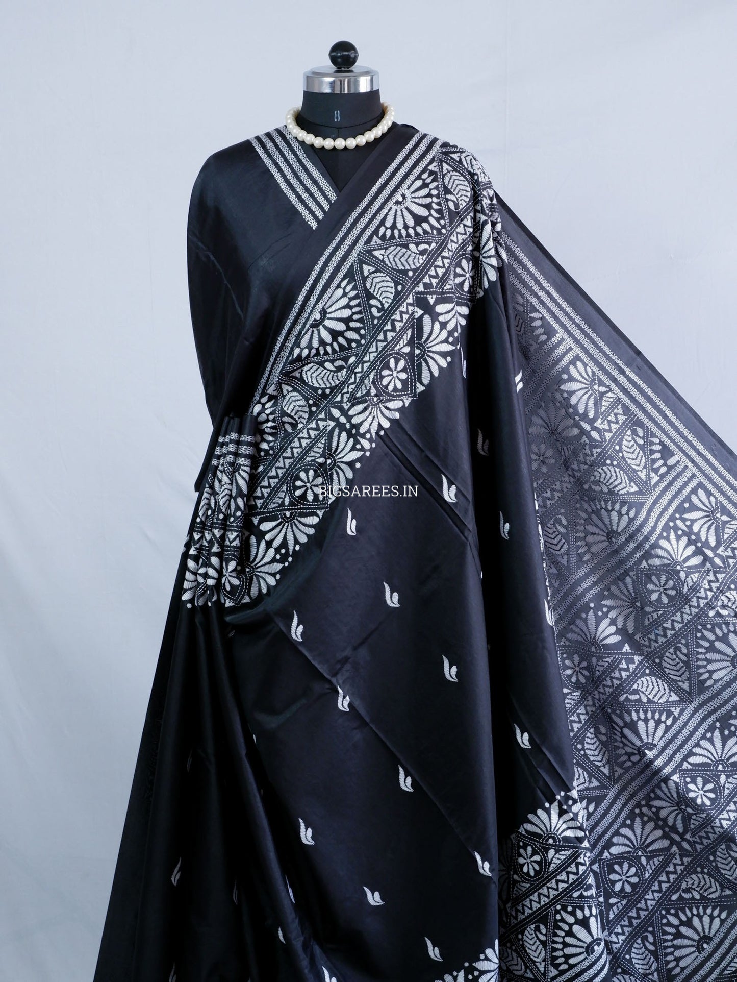 Kantha Stitch Hand Embroidered Saree | Blended Bangalore Silk / Art Silk | Black