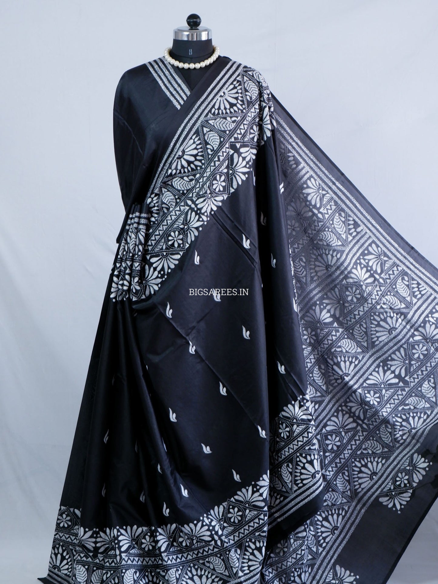 Kantha Stitch Hand Embroidered Saree | Blended Bangalore Silk / Art Silk | Black