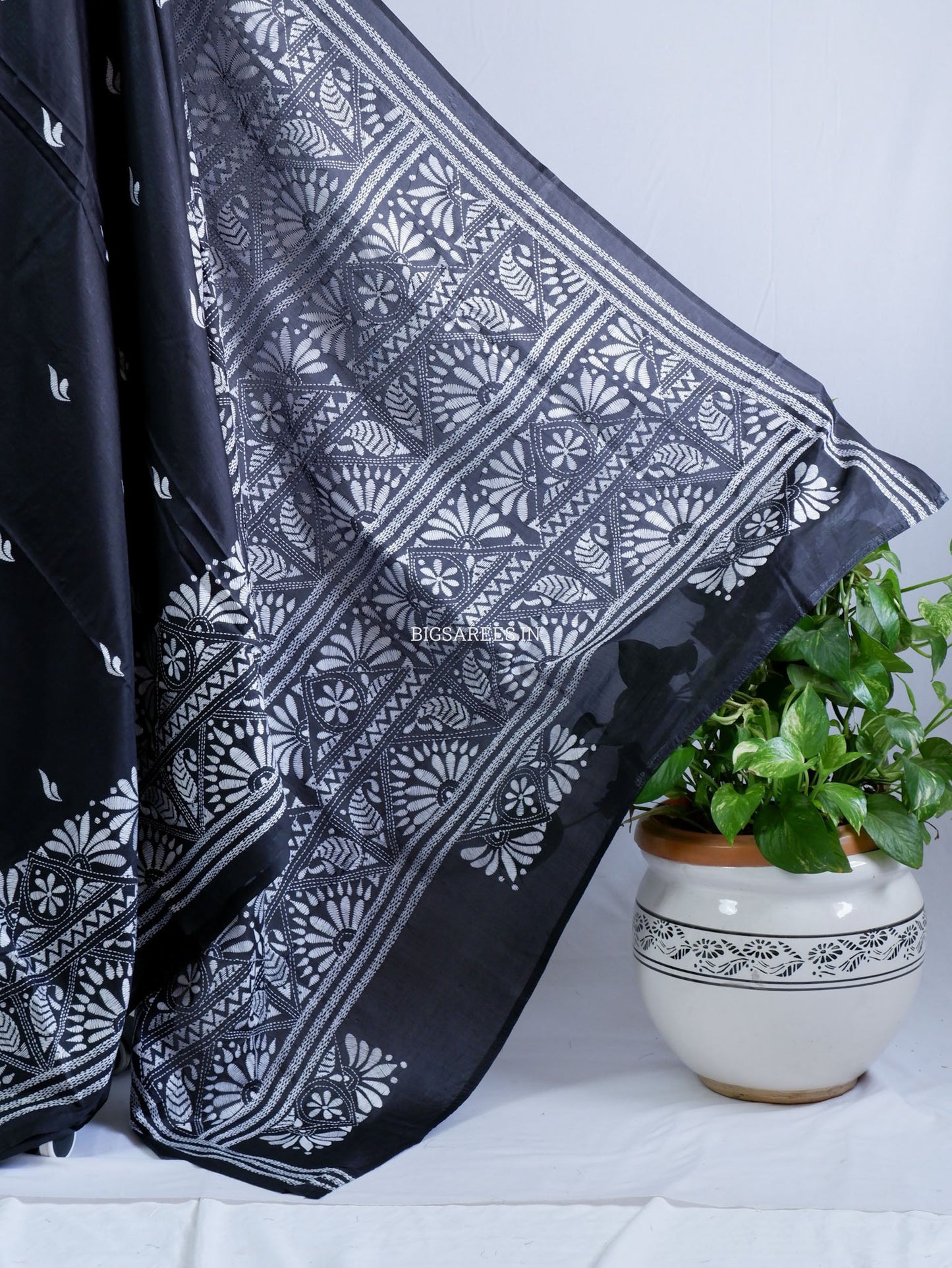 Kantha Stitch Hand Embroidered Saree | Blended Bangalore Silk / Art Silk | Black