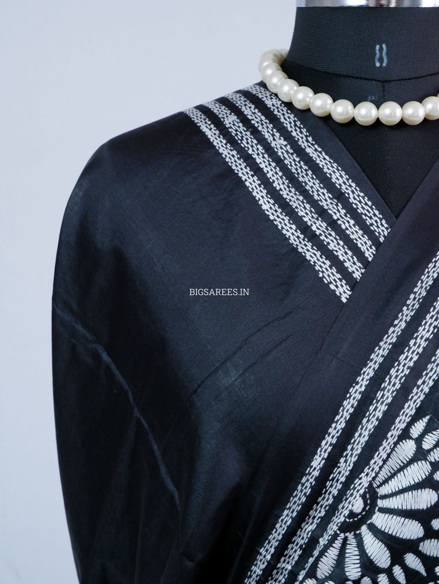 Kantha Stitch Hand Embroidered Saree | Blended Bangalore Silk / Art Silk | Black