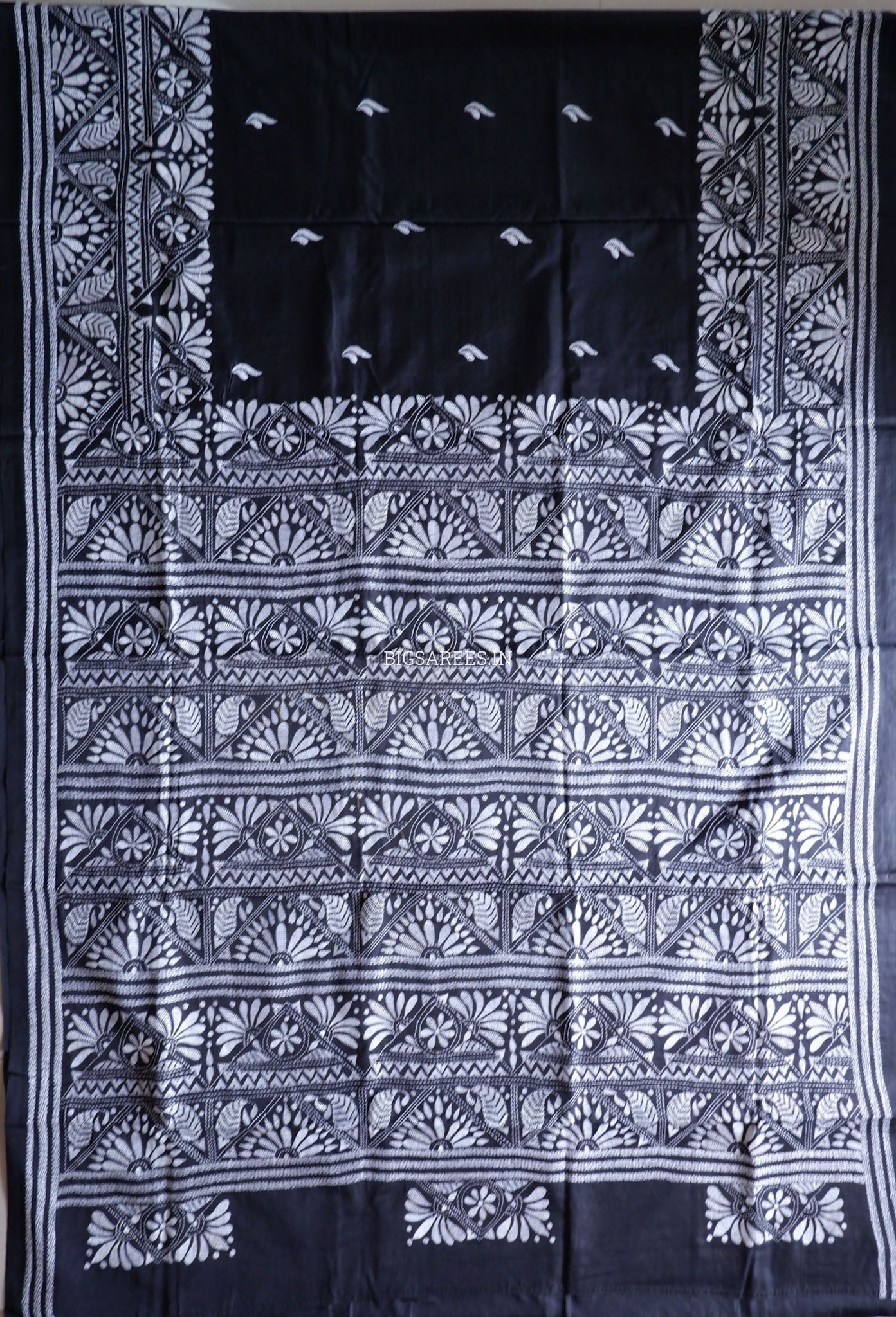 Kantha Stitch Hand Embroidered Saree | Blended Bangalore Silk / Art Silk | Black