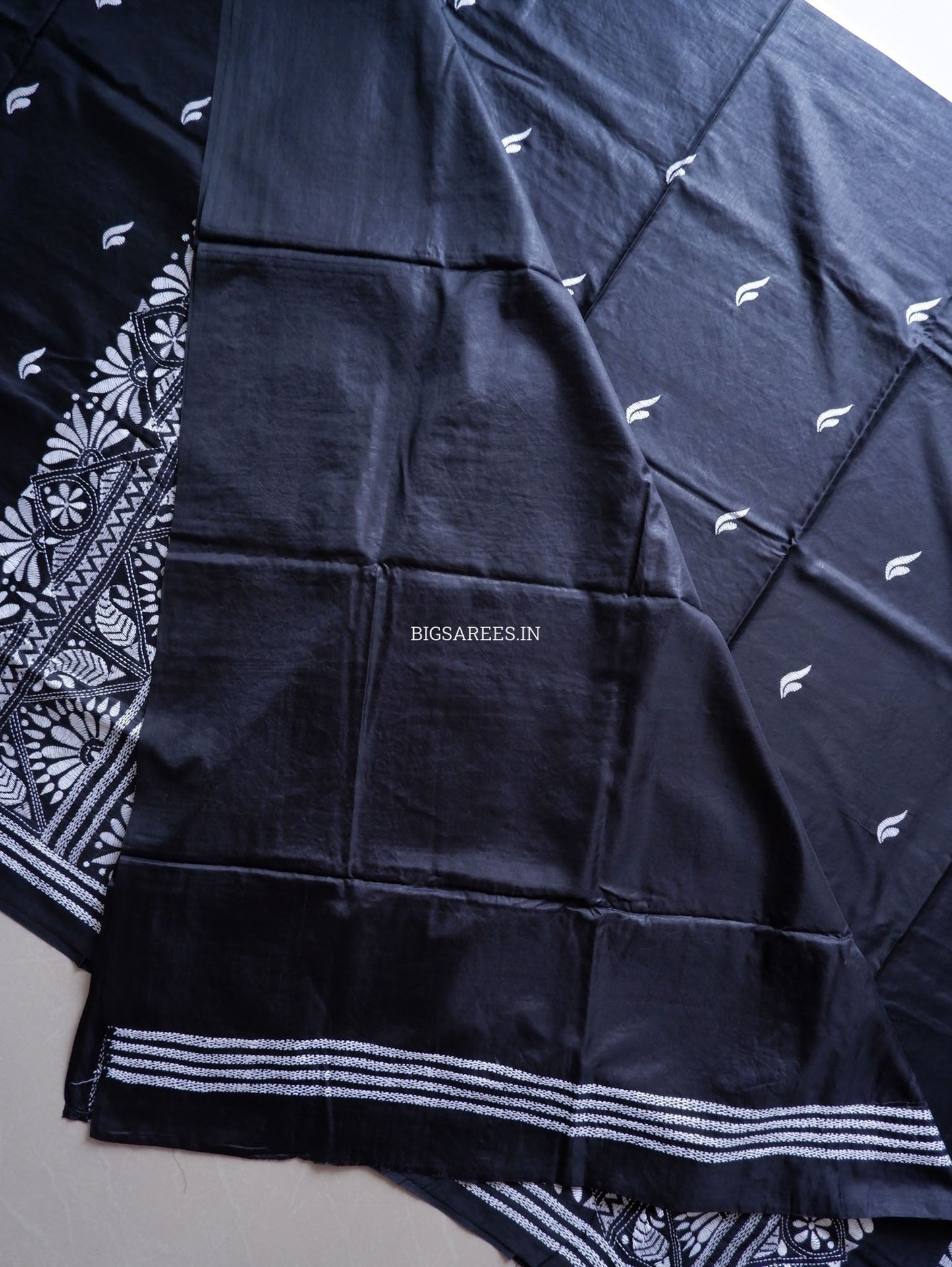 Kantha Stitch Hand Embroidered Saree | Blended Bangalore Silk / Art Silk | Black