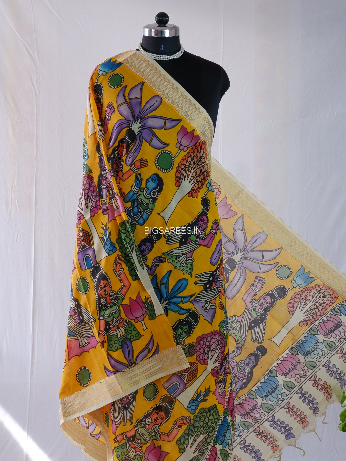 Pen Kalamkari Hand Painted Bangalore Silk Dupatta | Yellow | 36"