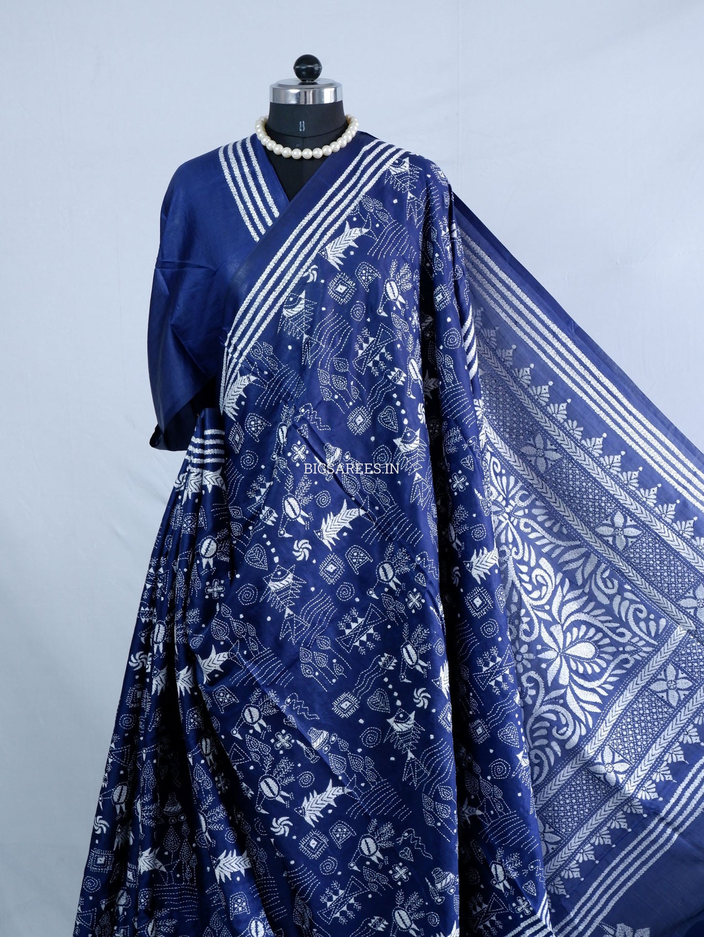 Kantha Stitch Hand Embroidered Saree | Blended Bangalore Silk / Art Silk | Navy Blue