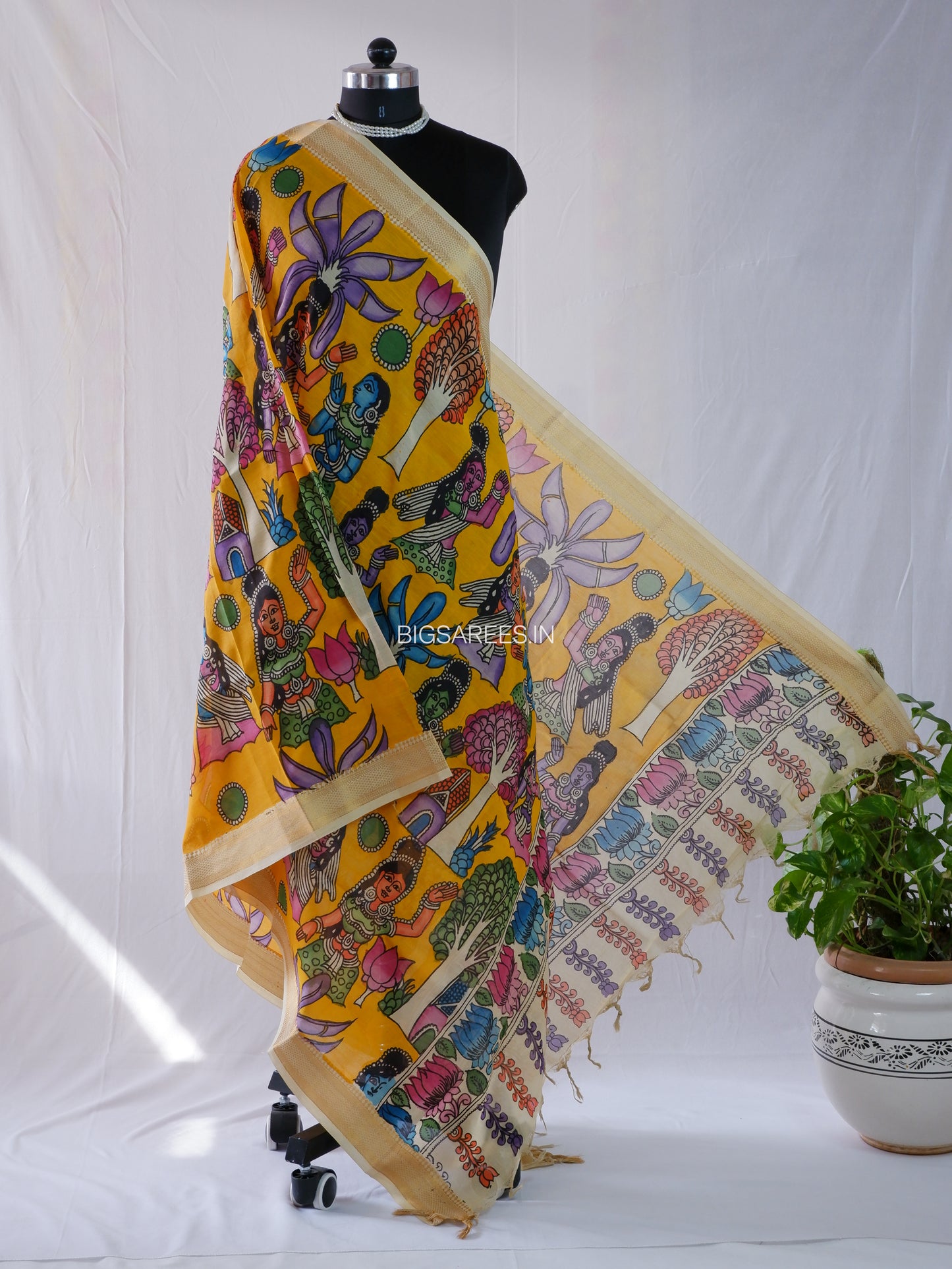 Pen Kalamkari Hand Painted Bangalore Silk Dupatta | Yellow | 36"