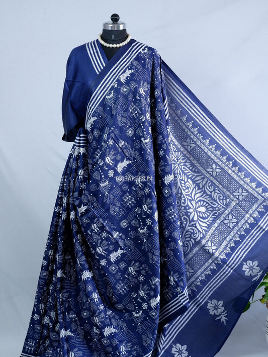 Kantha Stitch Hand Embroidered Saree | Blended Bangalore Silk / Art Silk | Navy Blue