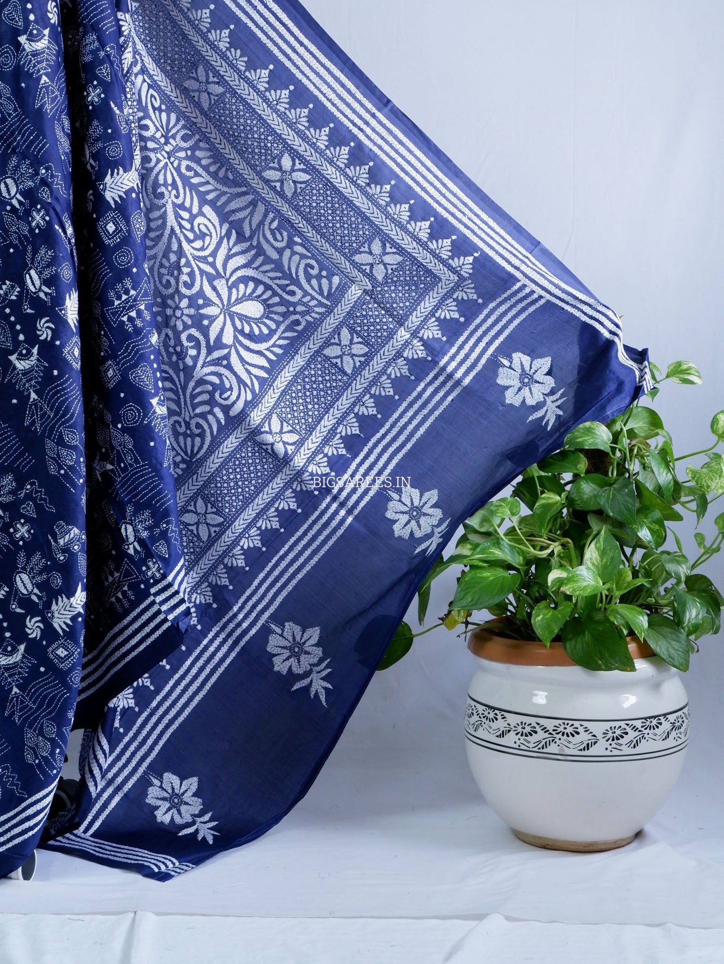 Kantha Stitch Hand Embroidered Saree | Blended Bangalore Silk / Art Silk | Navy Blue