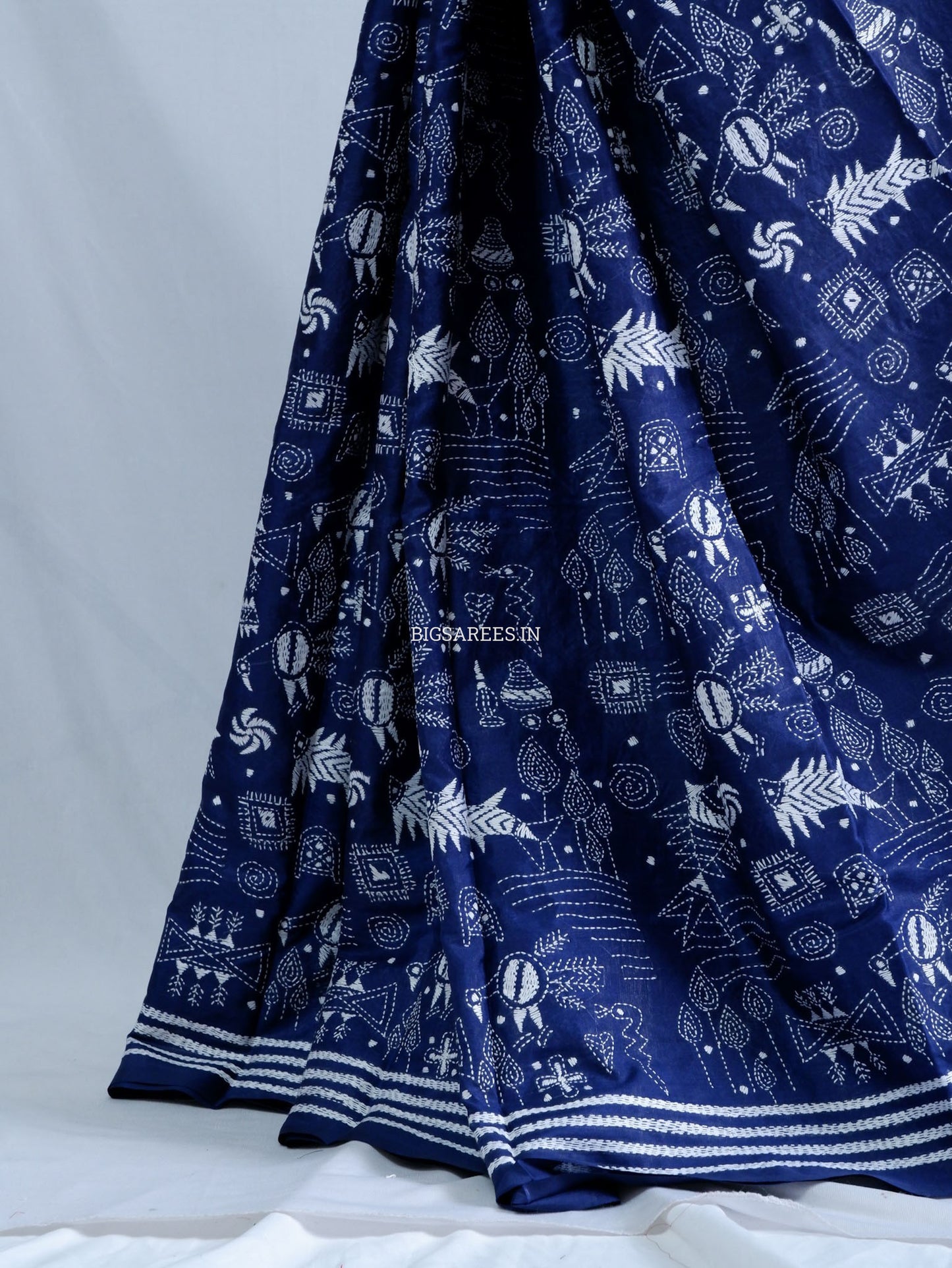 Kantha Stitch Hand Embroidered Saree | Blended Bangalore Silk / Art Silk | Navy Blue
