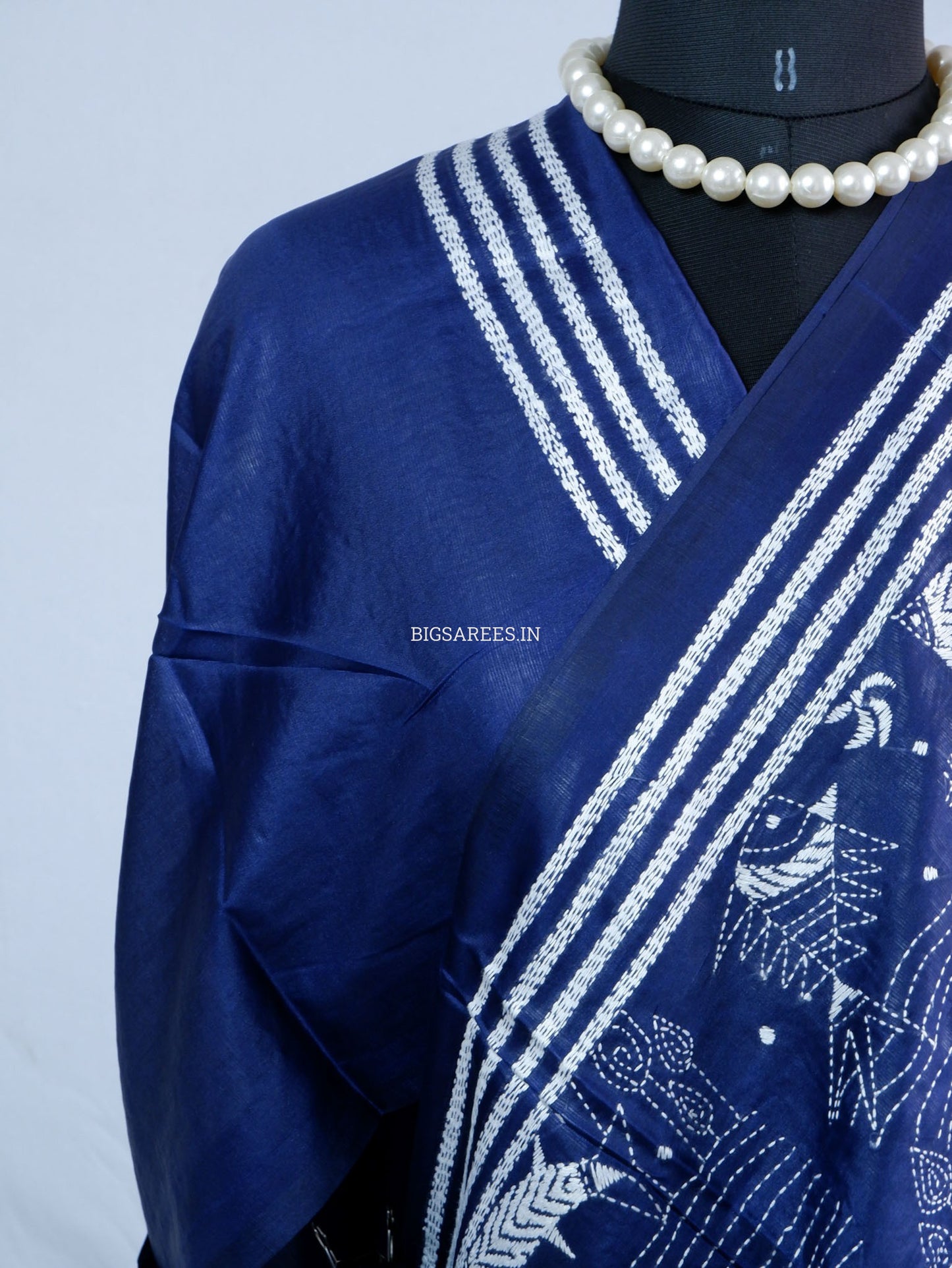 Kantha Stitch Hand Embroidered Saree | Blended Bangalore Silk / Art Silk | Navy Blue