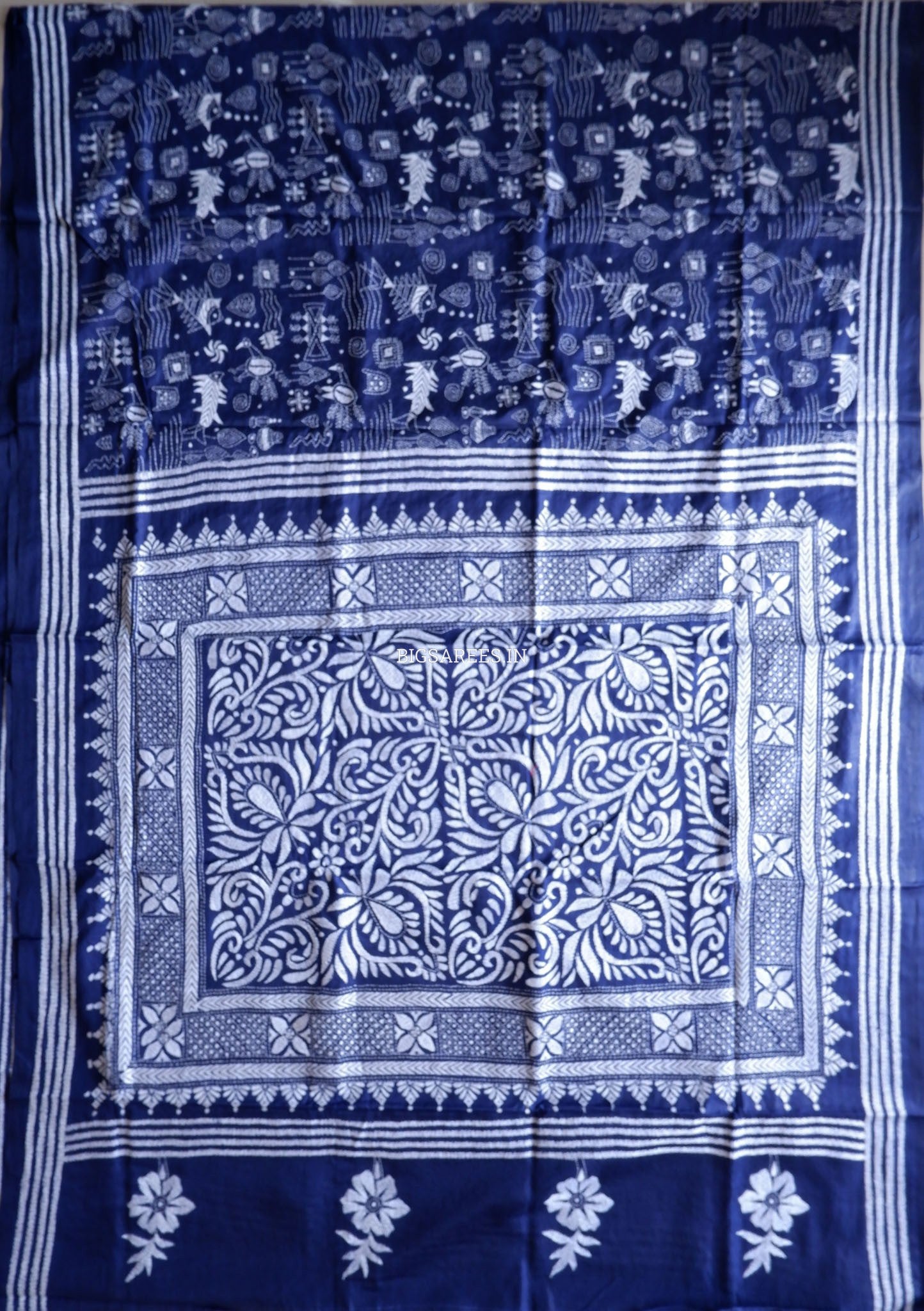 Kantha Stitch Hand Embroidered Saree | Blended Bangalore Silk / Art Silk | Navy Blue