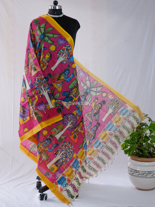 Pen Kalamkari Hand Painted Bangalore Silk Dupatta | Neutral Dark Pink | 36"