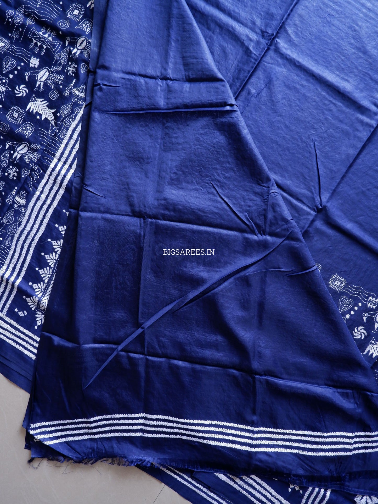 Kantha Stitch Hand Embroidered Saree | Blended Bangalore Silk / Art Silk | Navy Blue