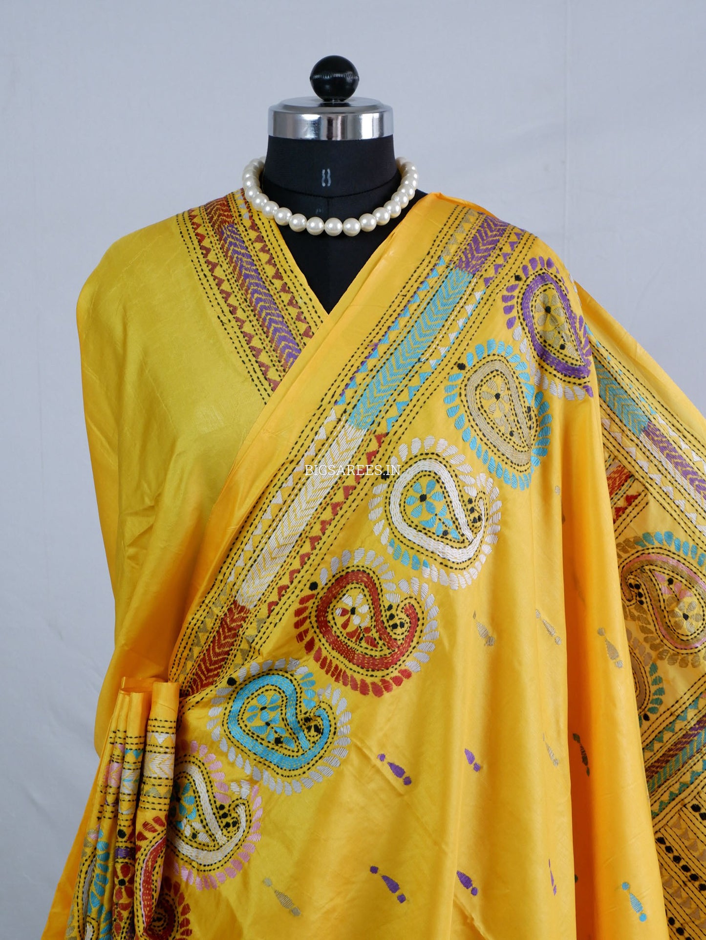 Kantha - Stitch Hand Embroidered Saree| Blended Bangalore Silk / Art Silk | Yellow