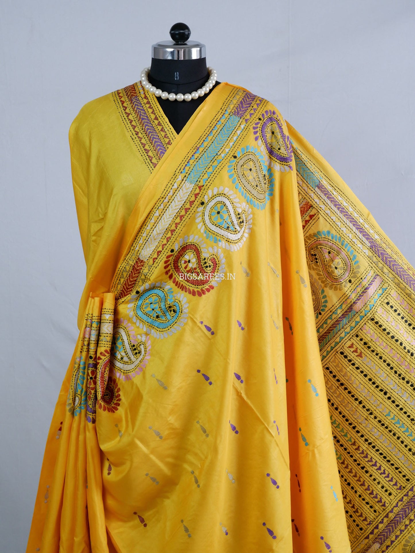 Kantha - Stitch Hand Embroidered Saree| Blended Bangalore Silk / Art Silk | Yellow