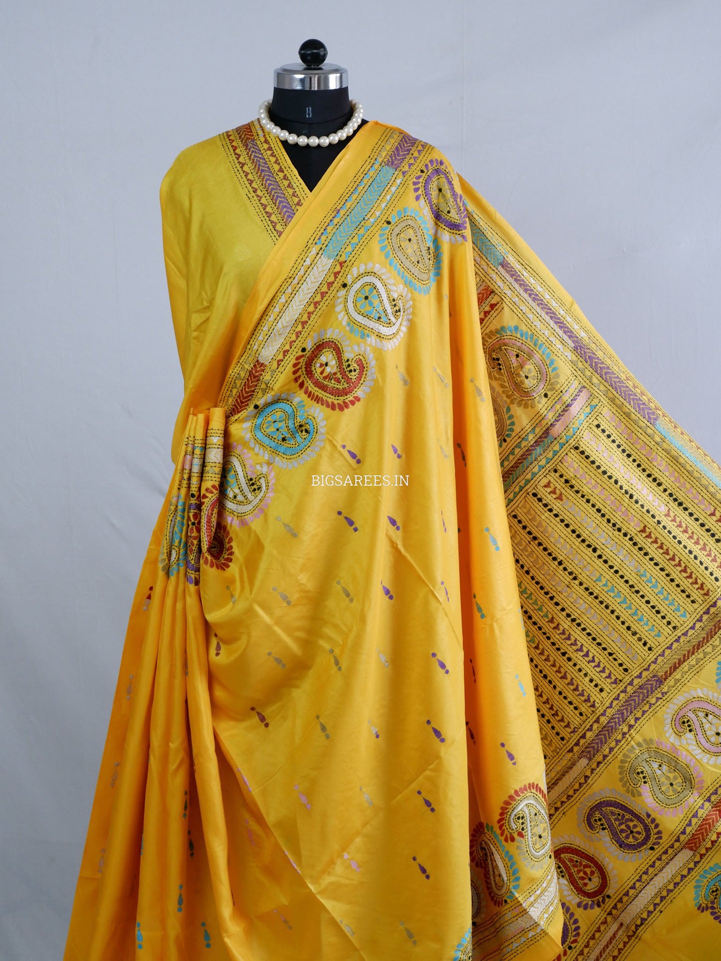 Kantha - Stitch Hand Embroidered Saree| Blended Bangalore Silk / Art Silk | Yellow