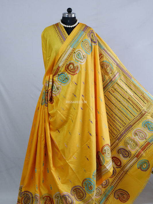 Kantha - Stitch Hand Embroidered Saree| Blended Bangalore Silk / Art Silk | Yellow