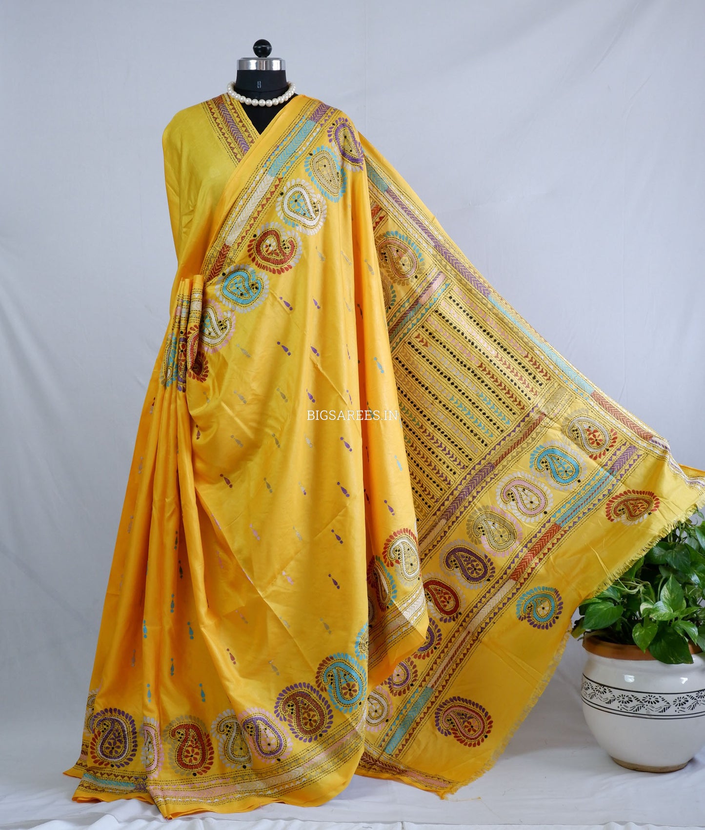 Kantha - Stitch Hand Embroidered Saree| Blended Bangalore Silk / Art Silk | Yellow