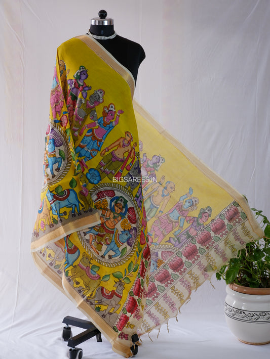 Pen Kalamkari Hand Painted Bangalore Silk Dupatta | Yellow | 36"