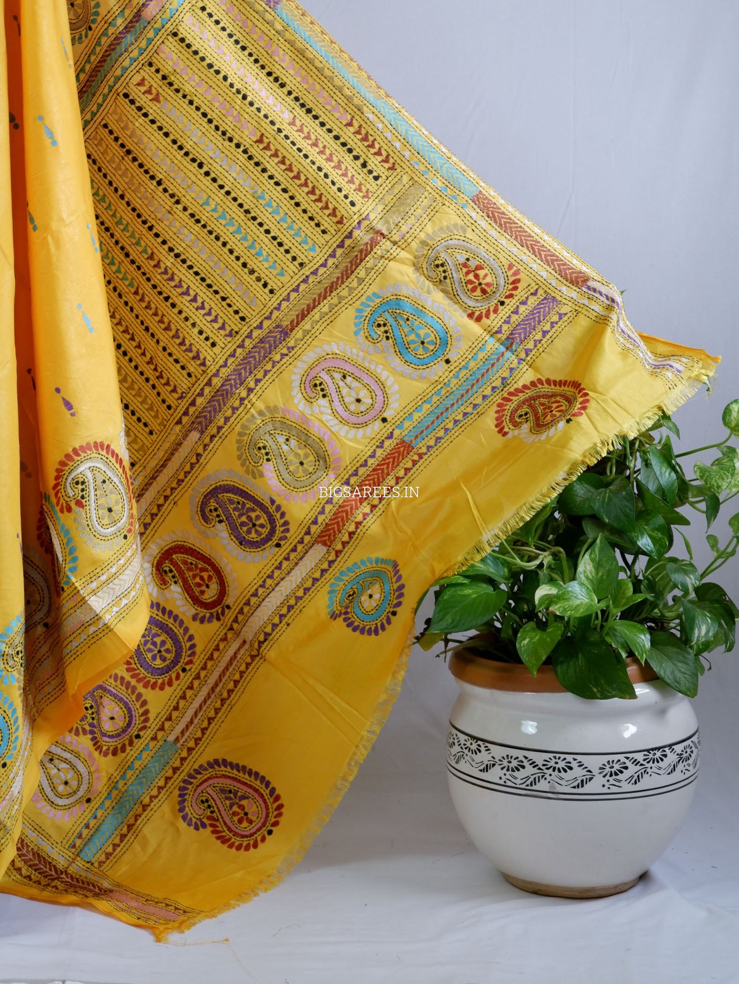 Kantha - Stitch Hand Embroidered Saree| Blended Bangalore Silk / Art Silk | Yellow
