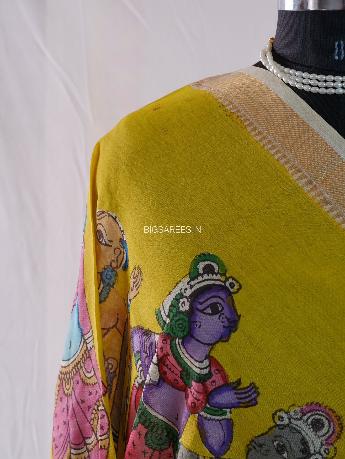 Pen Kalamkari Hand Painted Bangalore Silk Dupatta | Yellow | 36"