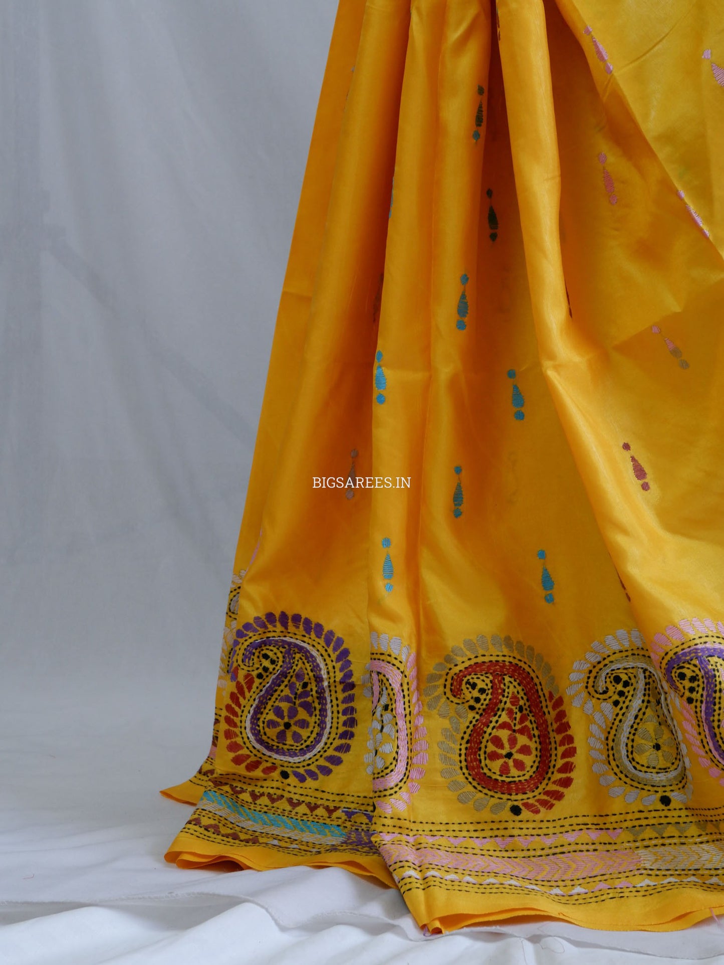 Kantha - Stitch Hand Embroidered Saree| Blended Bangalore Silk / Art Silk | Yellow