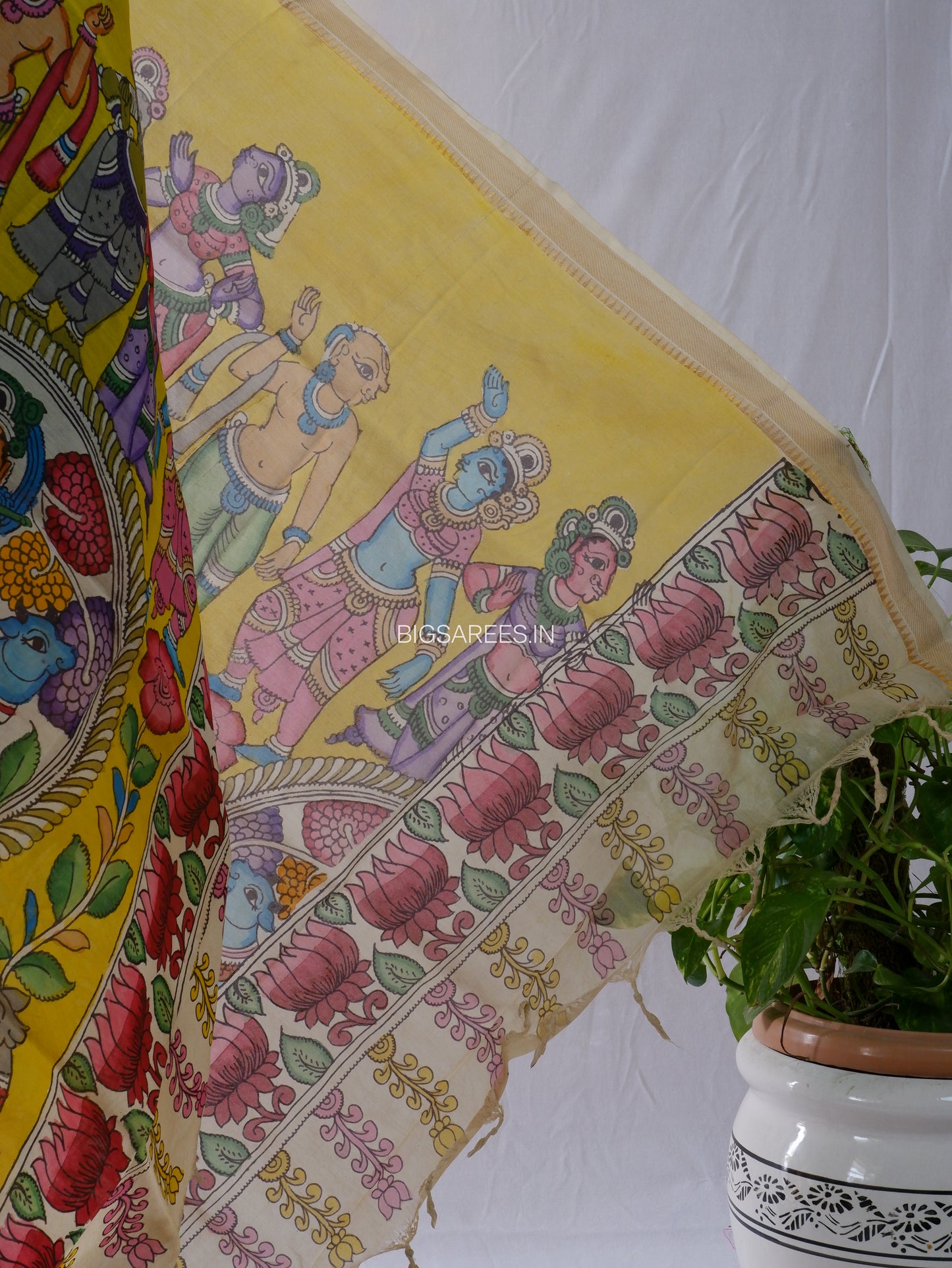 Pen Kalamkari Hand Painted Bangalore Silk Dupatta | Yellow | 36"