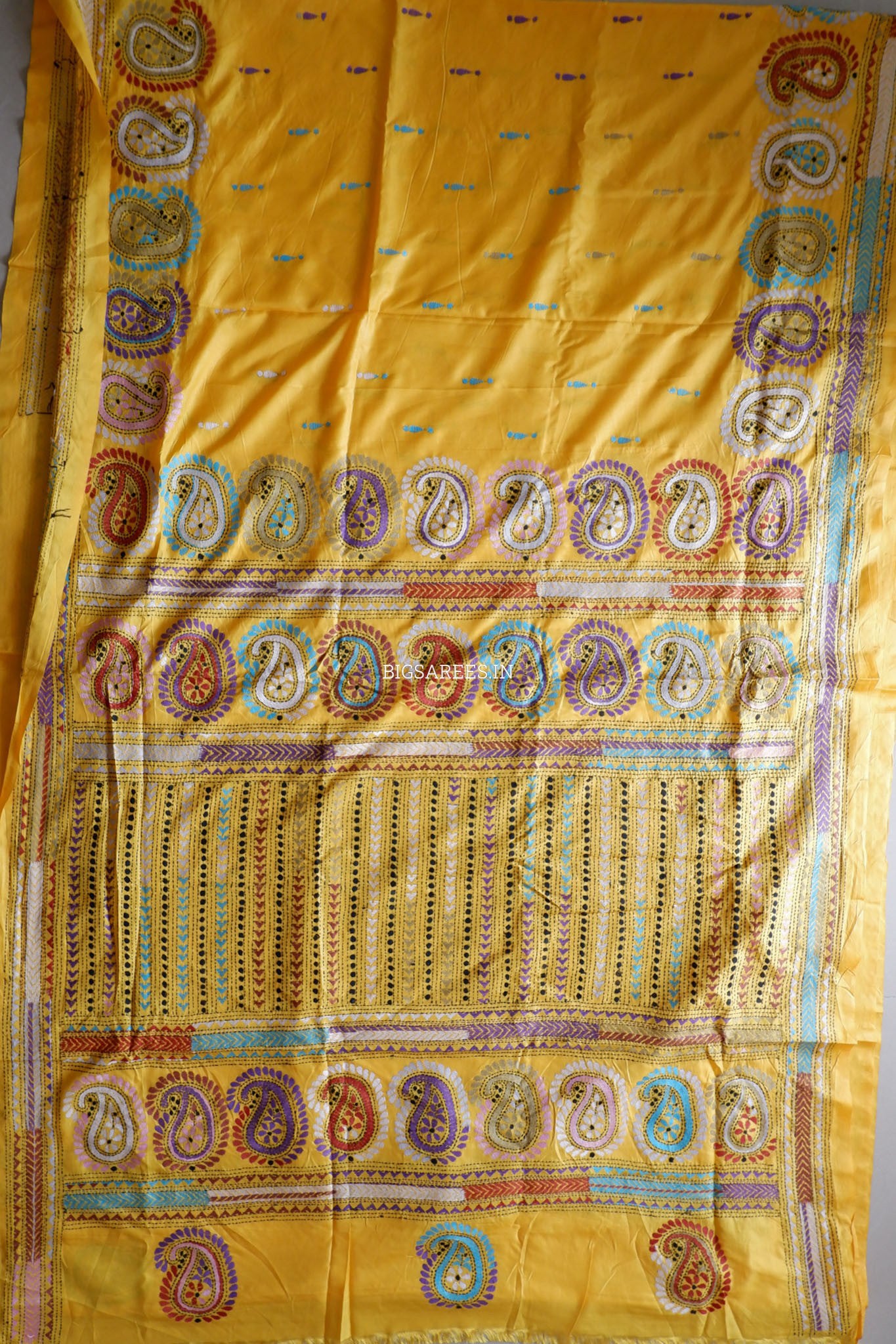 Kantha - Stitch Hand Embroidered Saree| Blended Bangalore Silk / Art Silk | Yellow