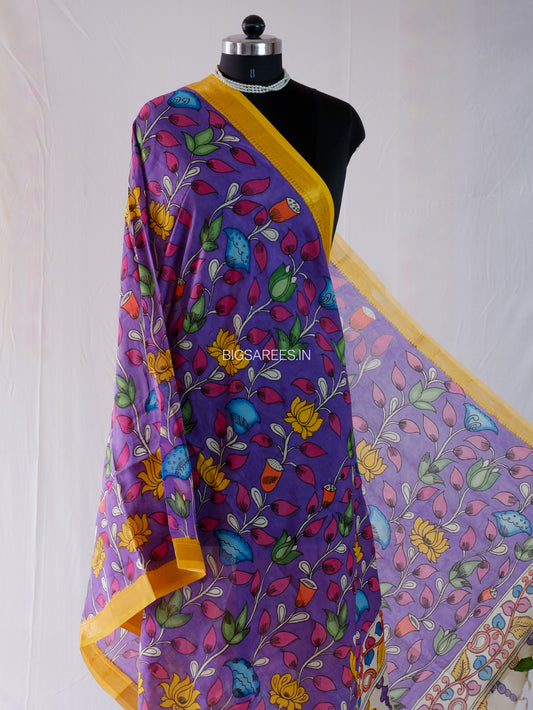 Pen Kalamkari Hand Painted Bangalore Silk Dupatta | Purple | 36"