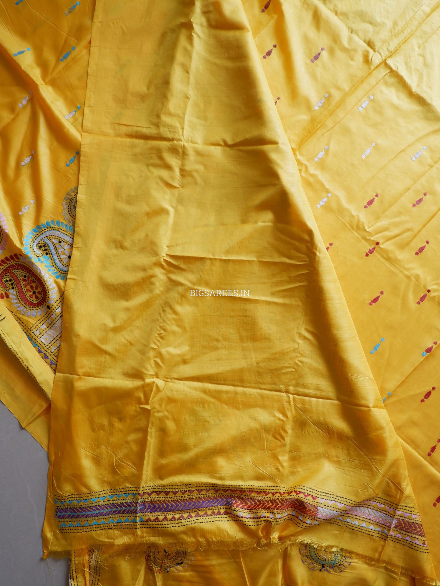 Kantha - Stitch Hand Embroidered Saree| Blended Bangalore Silk / Art Silk | Yellow