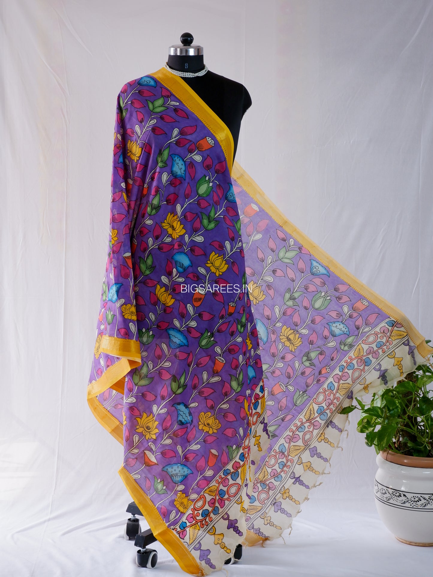 Pen Kalamkari Hand Painted Bangalore Silk Dupatta | Purple | 36"
