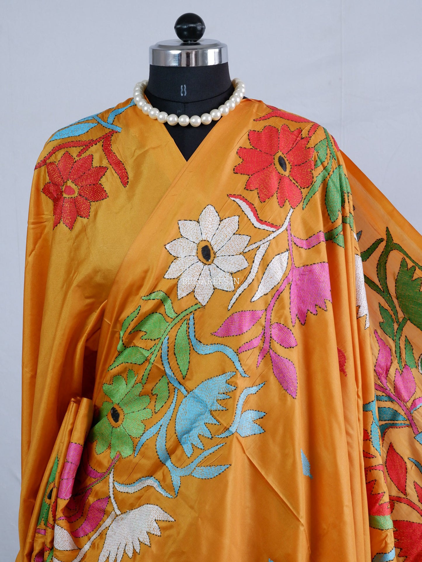 Kantha - Stitch Hand Embroidered Saree | Blended Bangalore Silk / Art Silk | Golden Orange