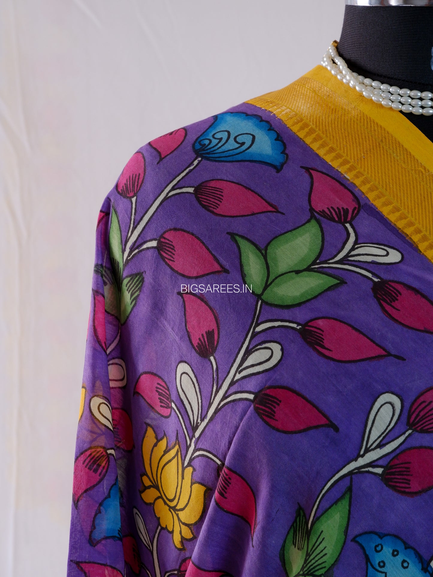 Pen Kalamkari Hand Painted Bangalore Silk Dupatta | Purple | 36"