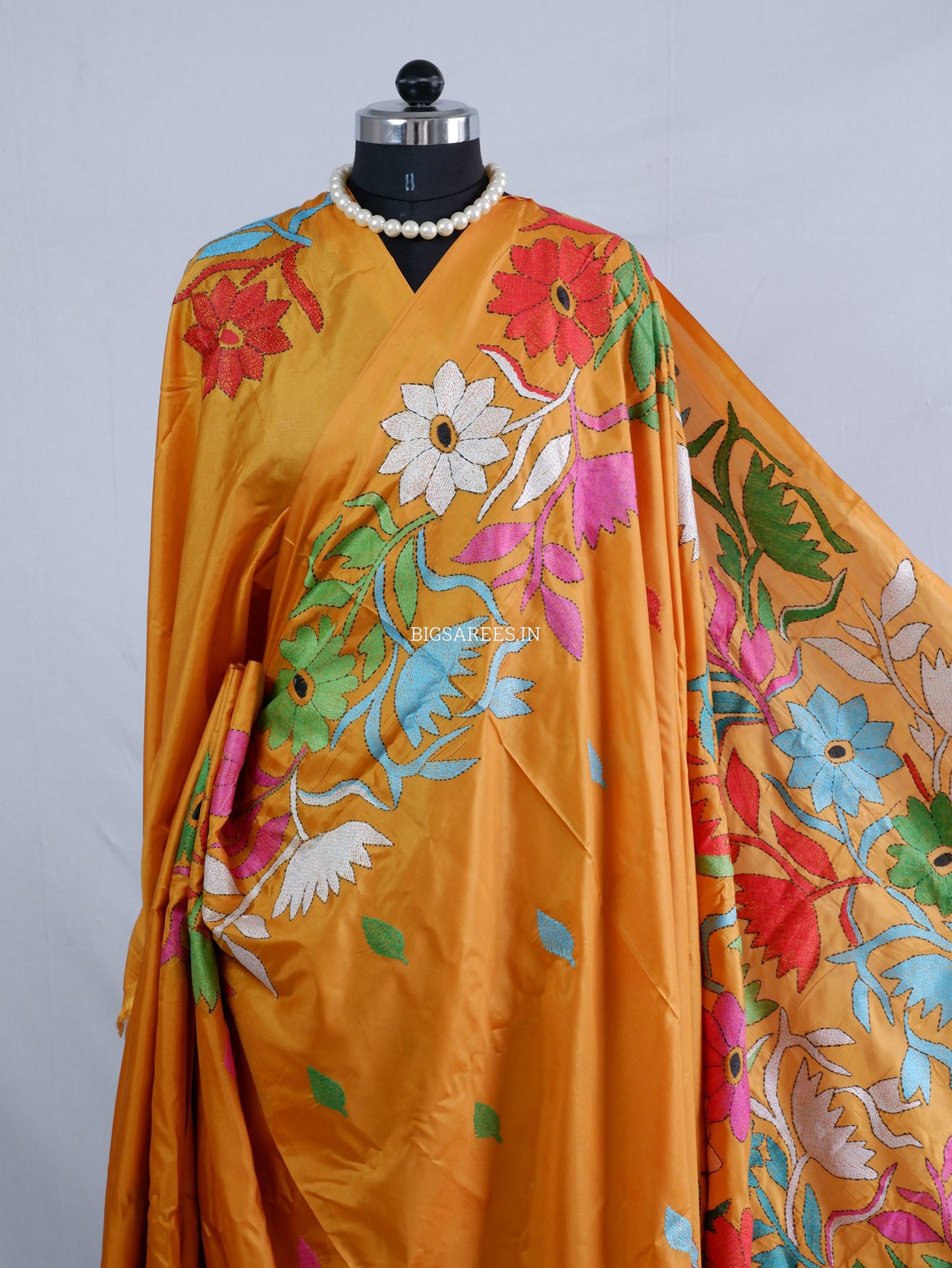 Kantha - Stitch Hand Embroidered Saree | Blended Bangalore Silk / Art Silk | Golden Orange