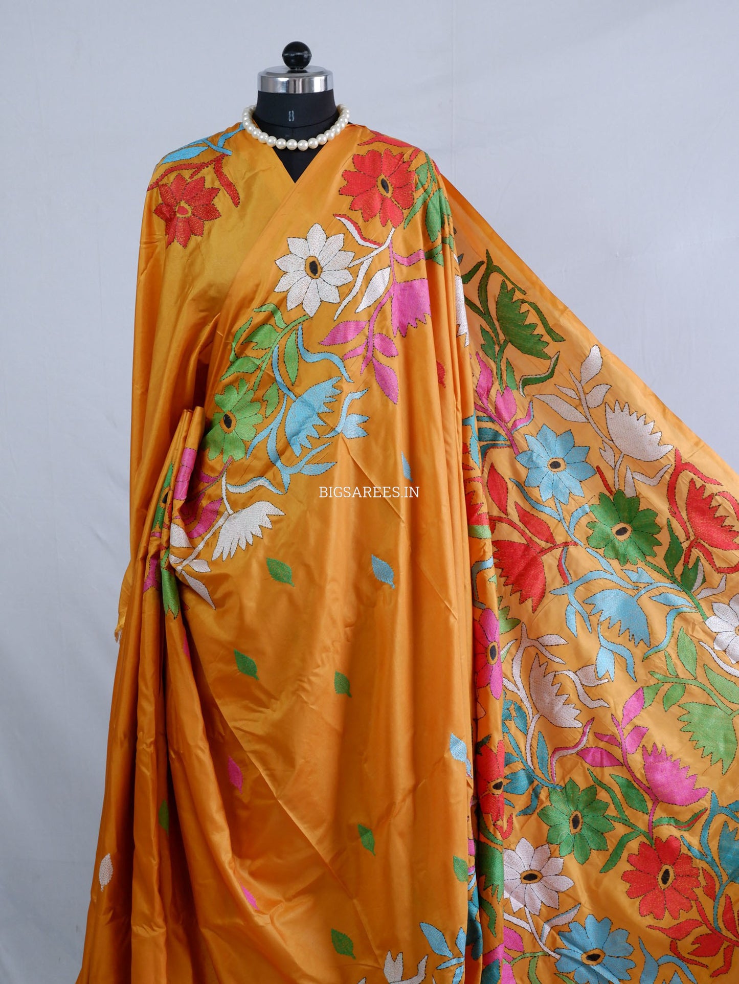 Kantha - Stitch Hand Embroidered Saree | Blended Bangalore Silk / Art Silk | Golden Orange