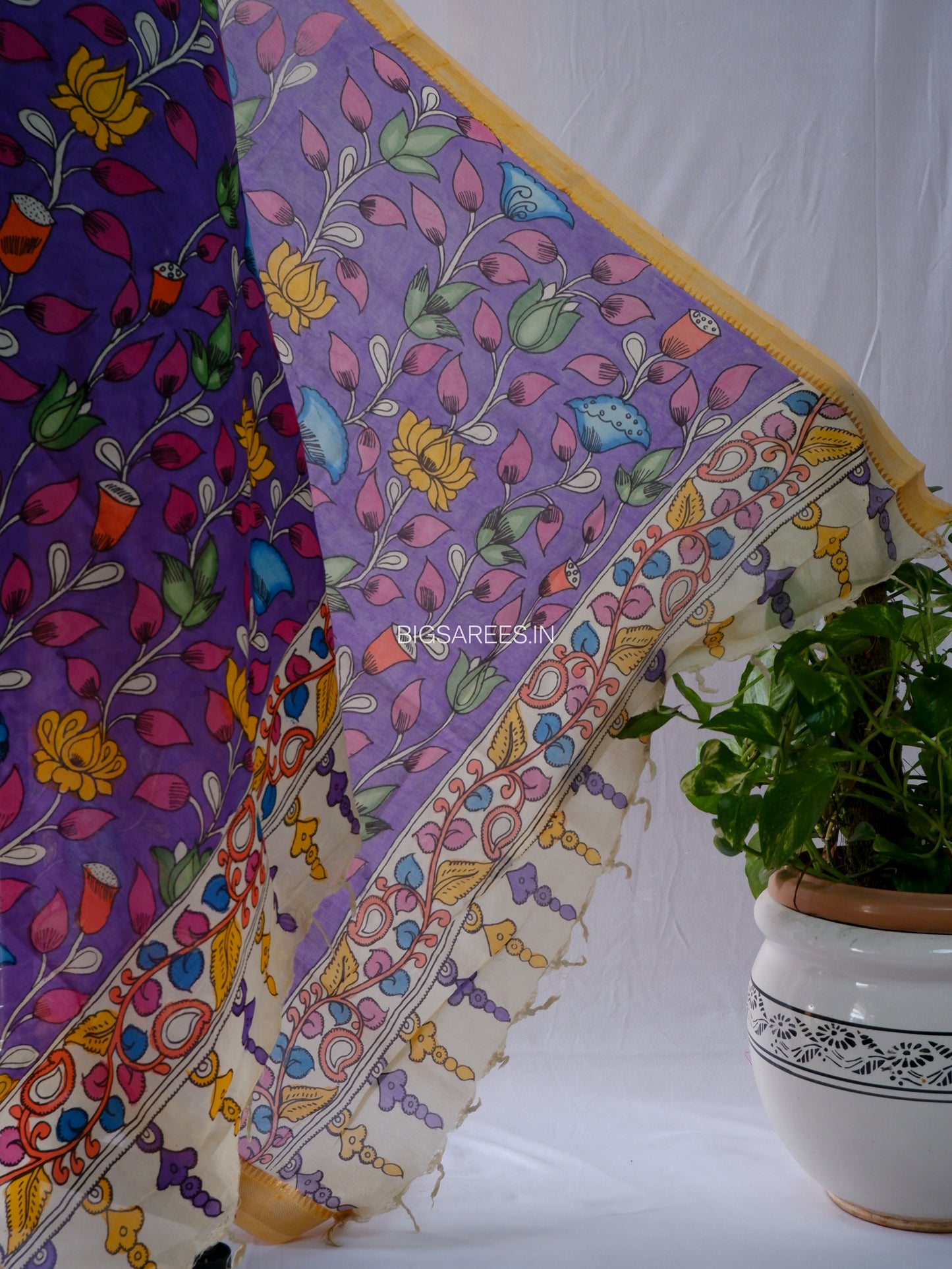 Pen Kalamkari Hand Painted Bangalore Silk Dupatta | Purple | 36"