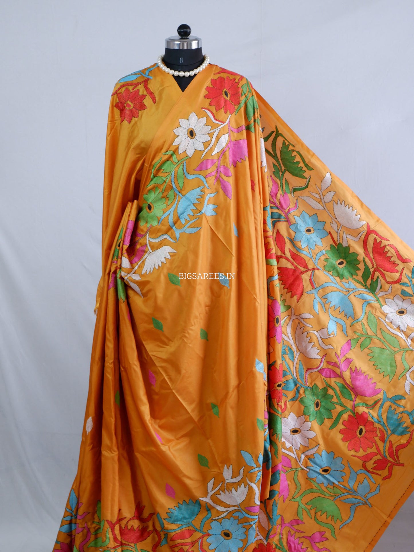 Kantha - Stitch Hand Embroidered Saree | Blended Bangalore Silk / Art Silk | Golden Orange