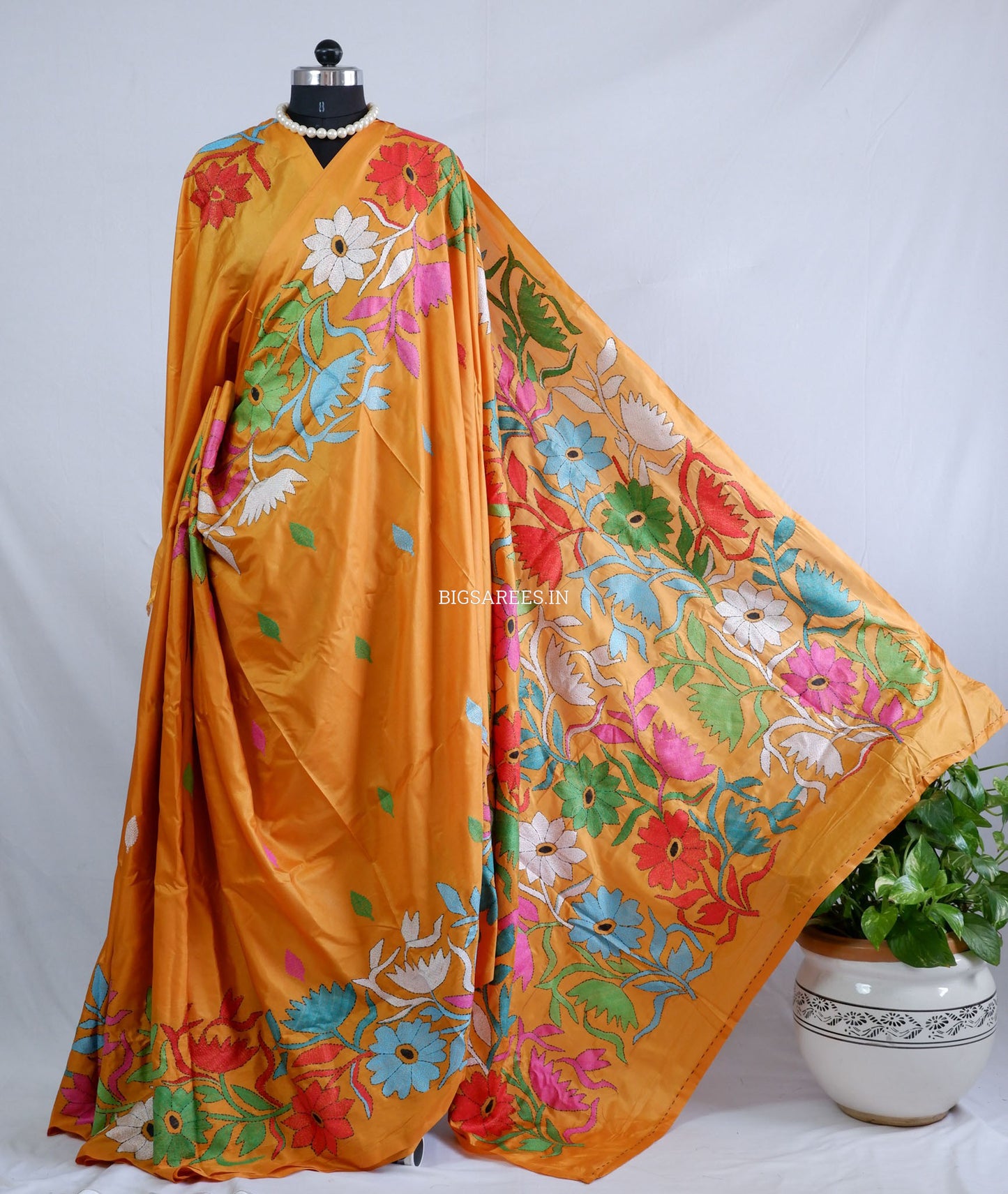Kantha - Stitch Hand Embroidered Saree | Blended Bangalore Silk / Art Silk | Golden Orange