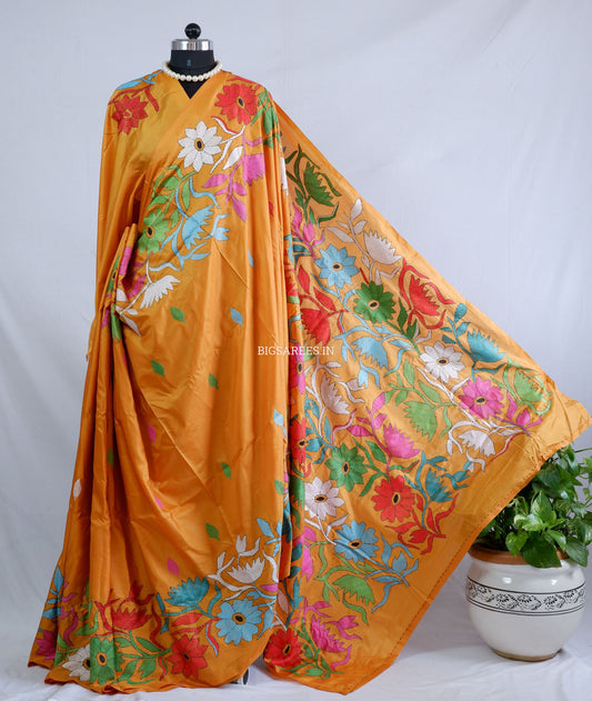 Kantha Stitch Hand Embroidered Saree | Blended Bangalore Silk / Art Silk | Muted Yellow