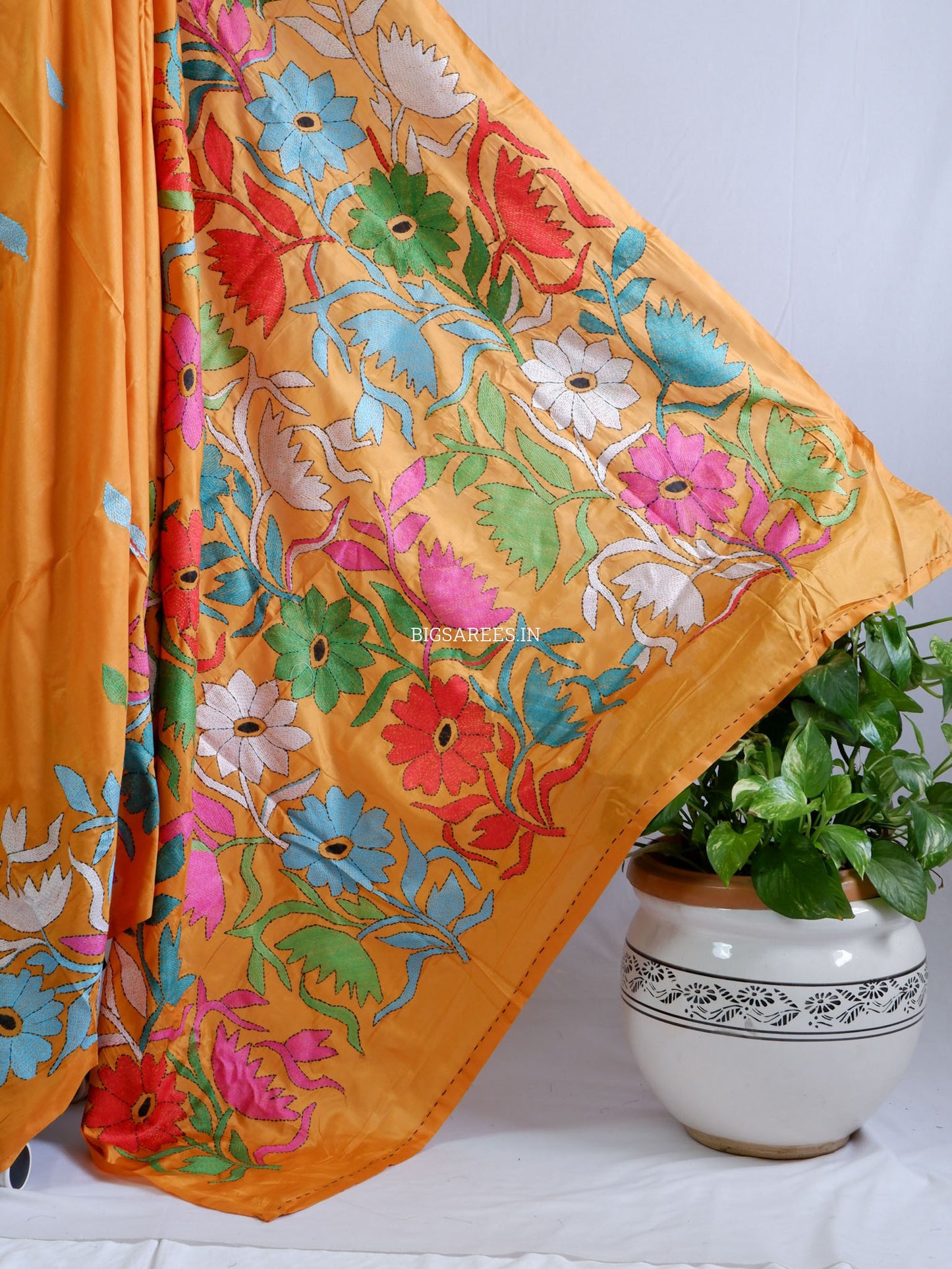 Kantha - Stitch Hand Embroidered Saree | Blended Bangalore Silk / Art Silk | Golden Orange