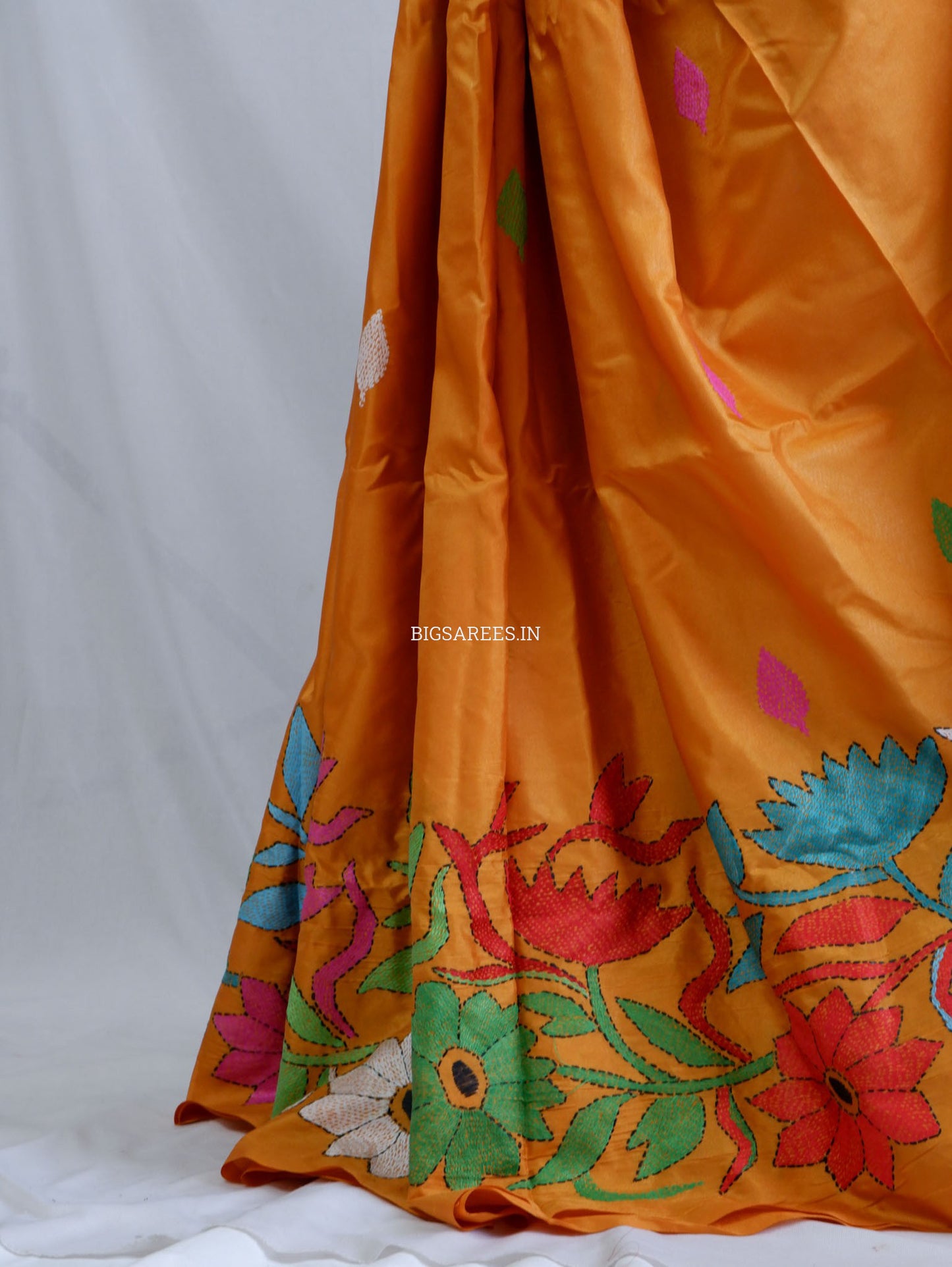 Kantha - Stitch Hand Embroidered Saree | Blended Bangalore Silk / Art Silk | Golden Orange