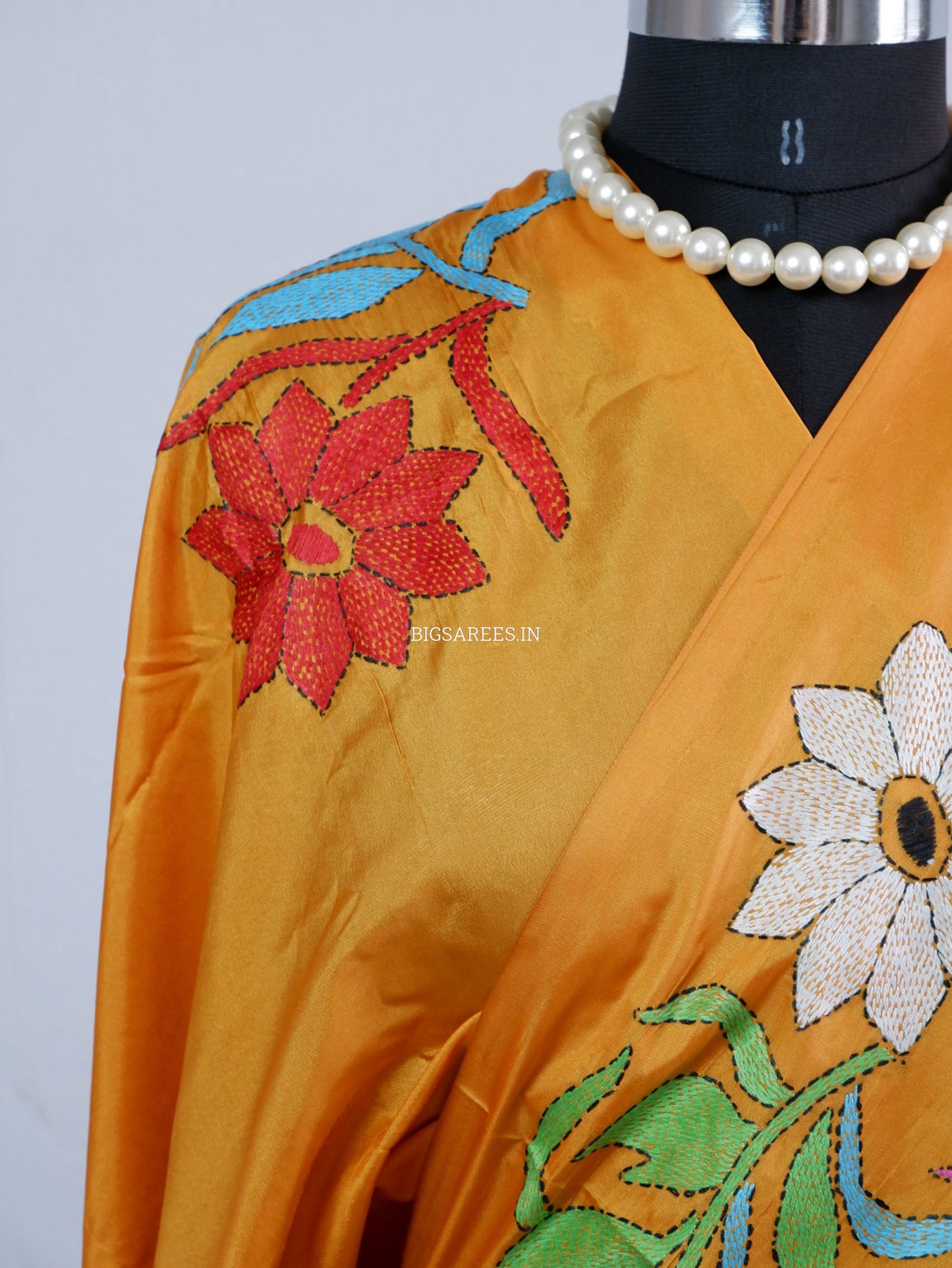 Kantha - Stitch Hand Embroidered Saree | Blended Bangalore Silk / Art Silk | Golden Orange