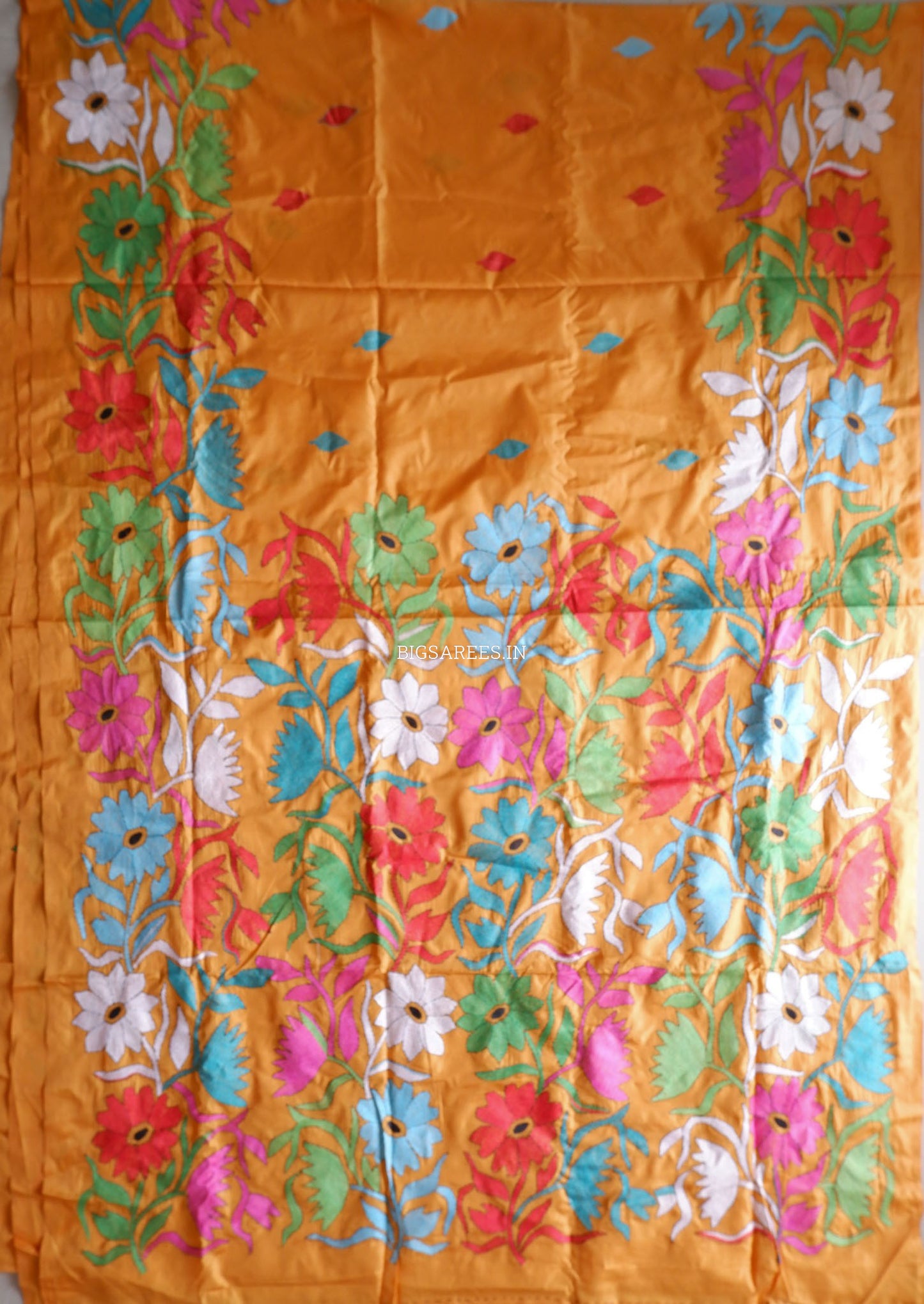 Kantha - Stitch Hand Embroidered Saree | Blended Bangalore Silk / Art Silk | Golden Orange