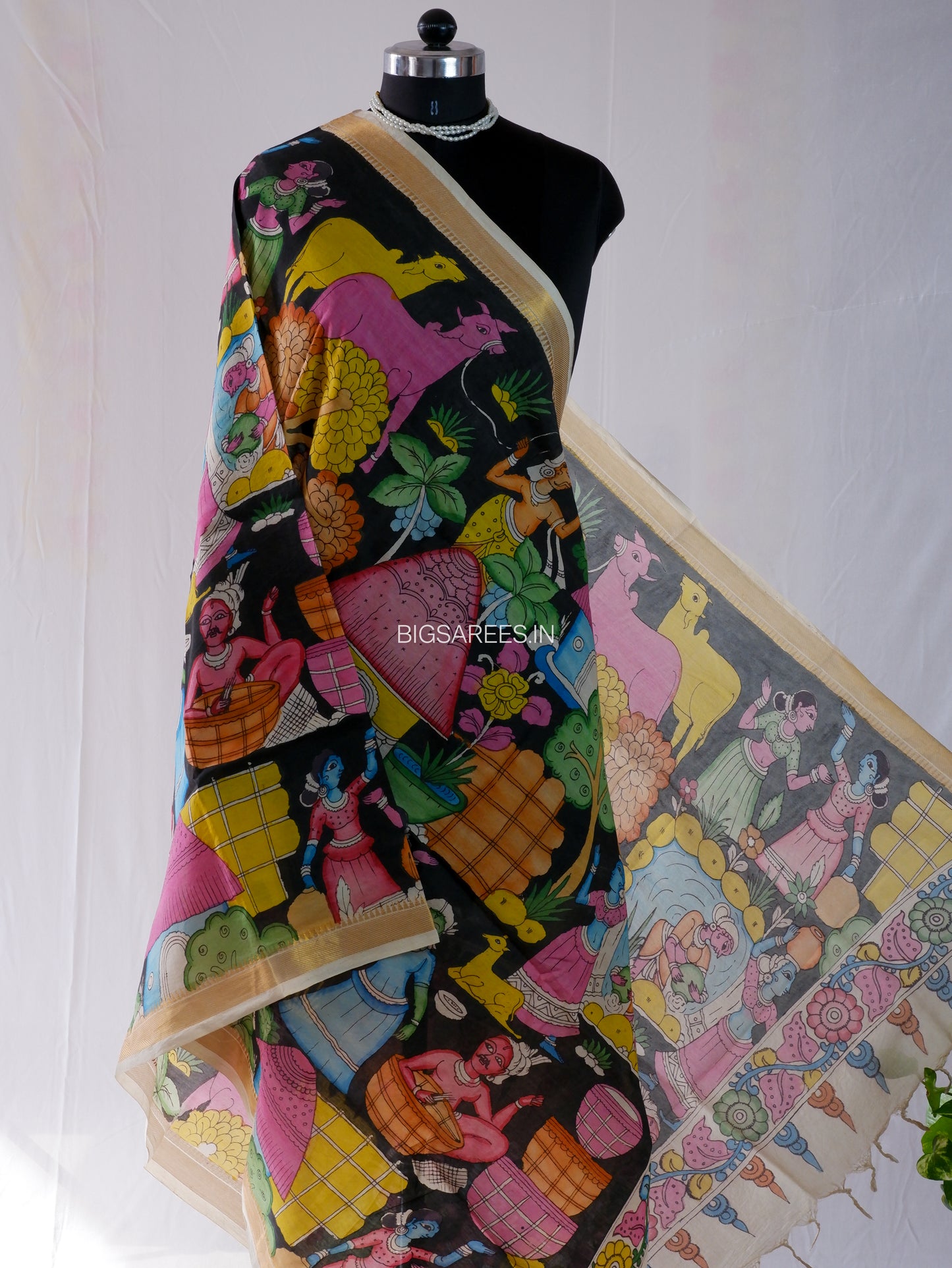 Pen Kalamkari Hand Painted Bangalore Silk Dupatta | Black | 36"